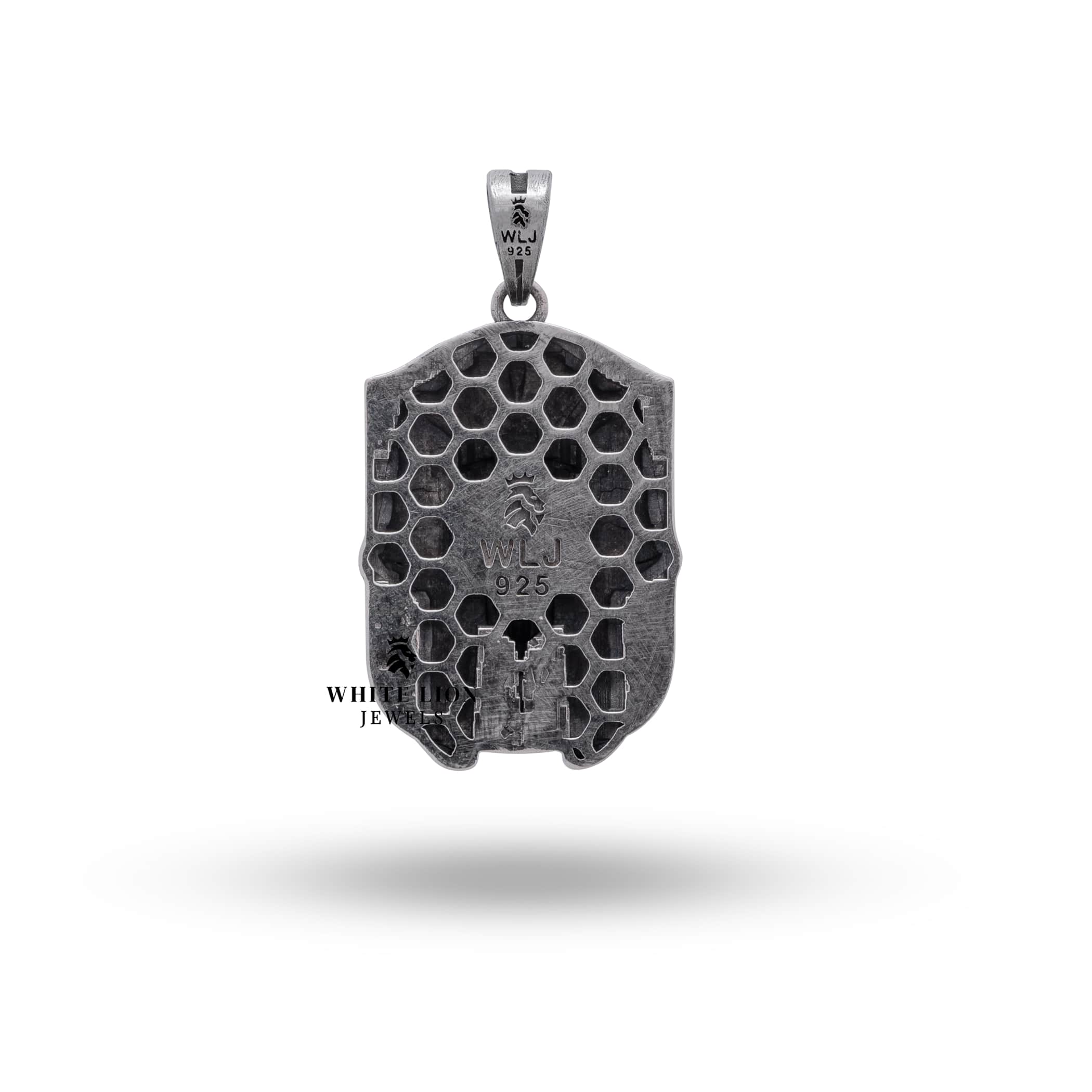 Close-up of the detailed design on the Pharaoh Egyptian Mummy Pendant in oxidized silver