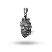 Side profile of Calm Lion King Crown Pendant, highlighting the regal crown and garnet color stones.