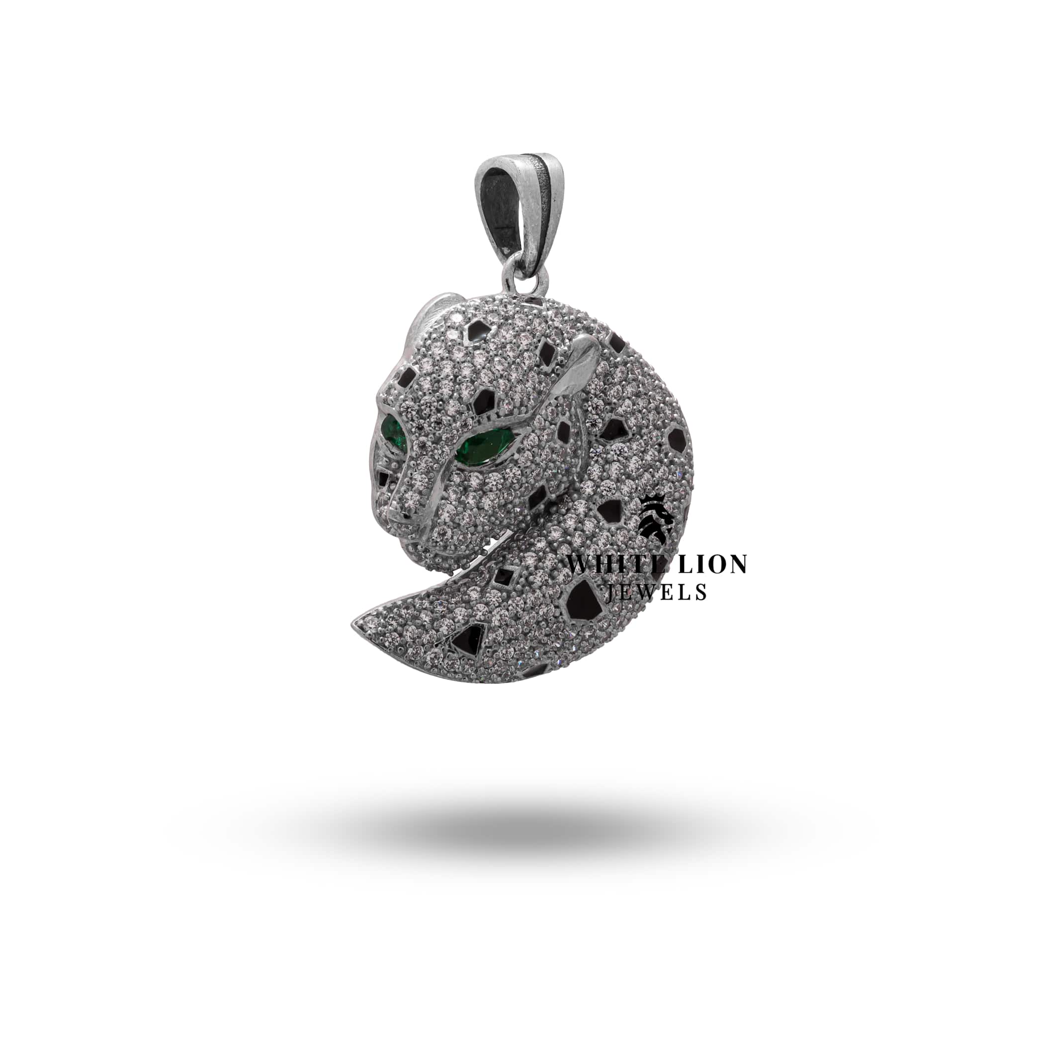 925 Sterling Silver Panther pendant with green eye accents.