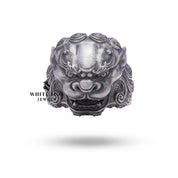 Intricate Handcrafted Foo Dog Ring in Oxidized Silver