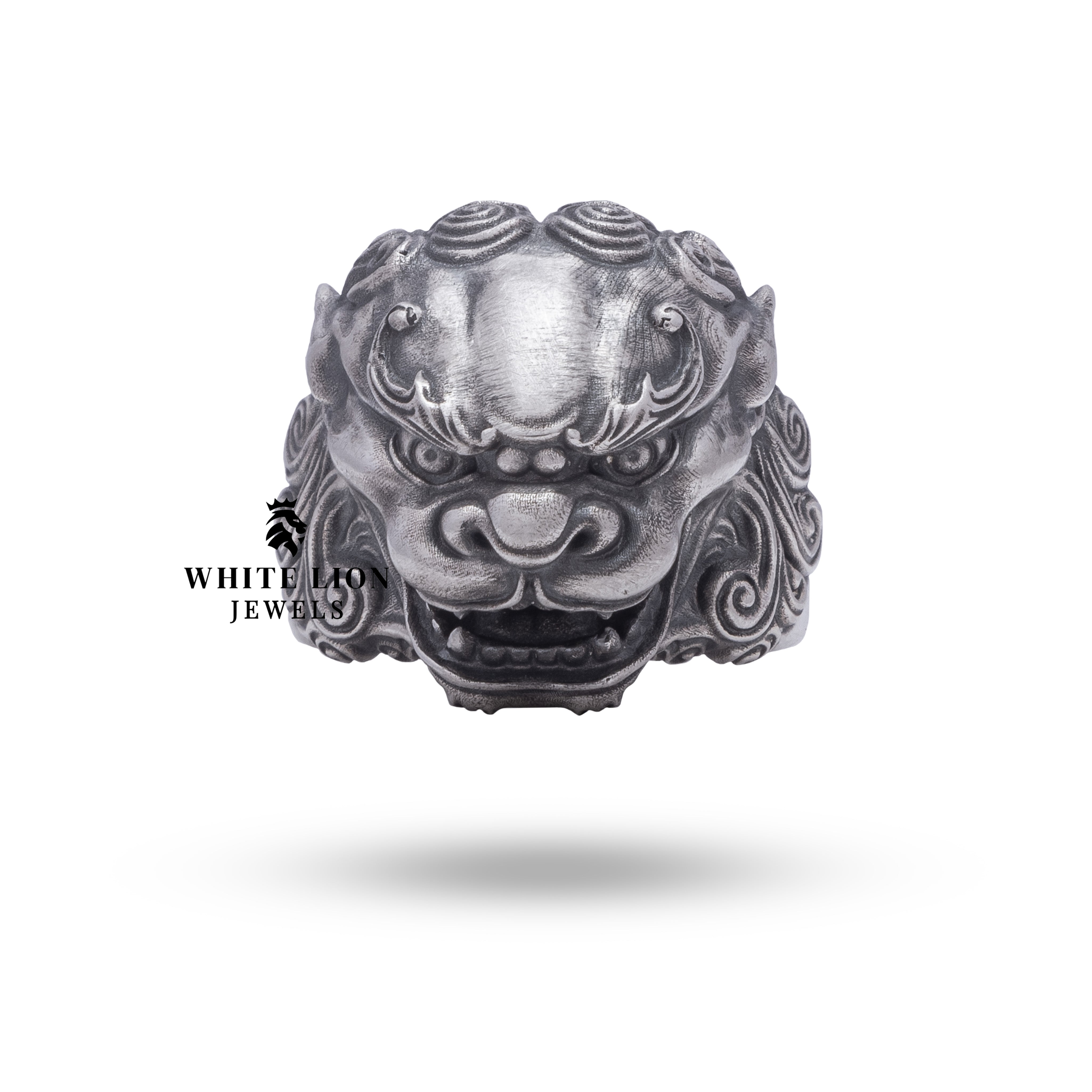 Intricate Handcrafted Foo Dog Ring in Oxidized Silver