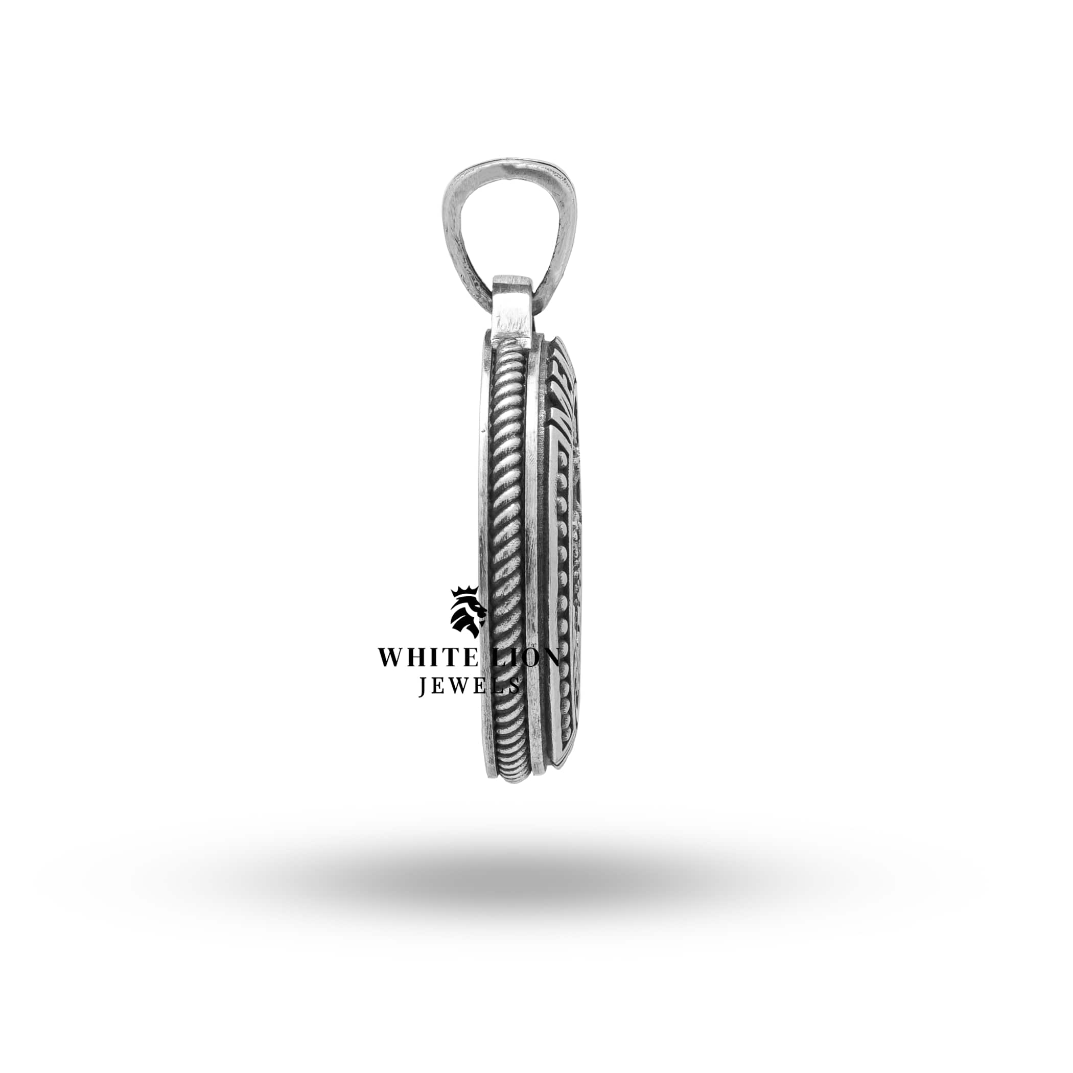 Angled view of Memento Mori Capricorn Zodiac Sign 925 Sterling Silver Pendant with intricate zodiac design