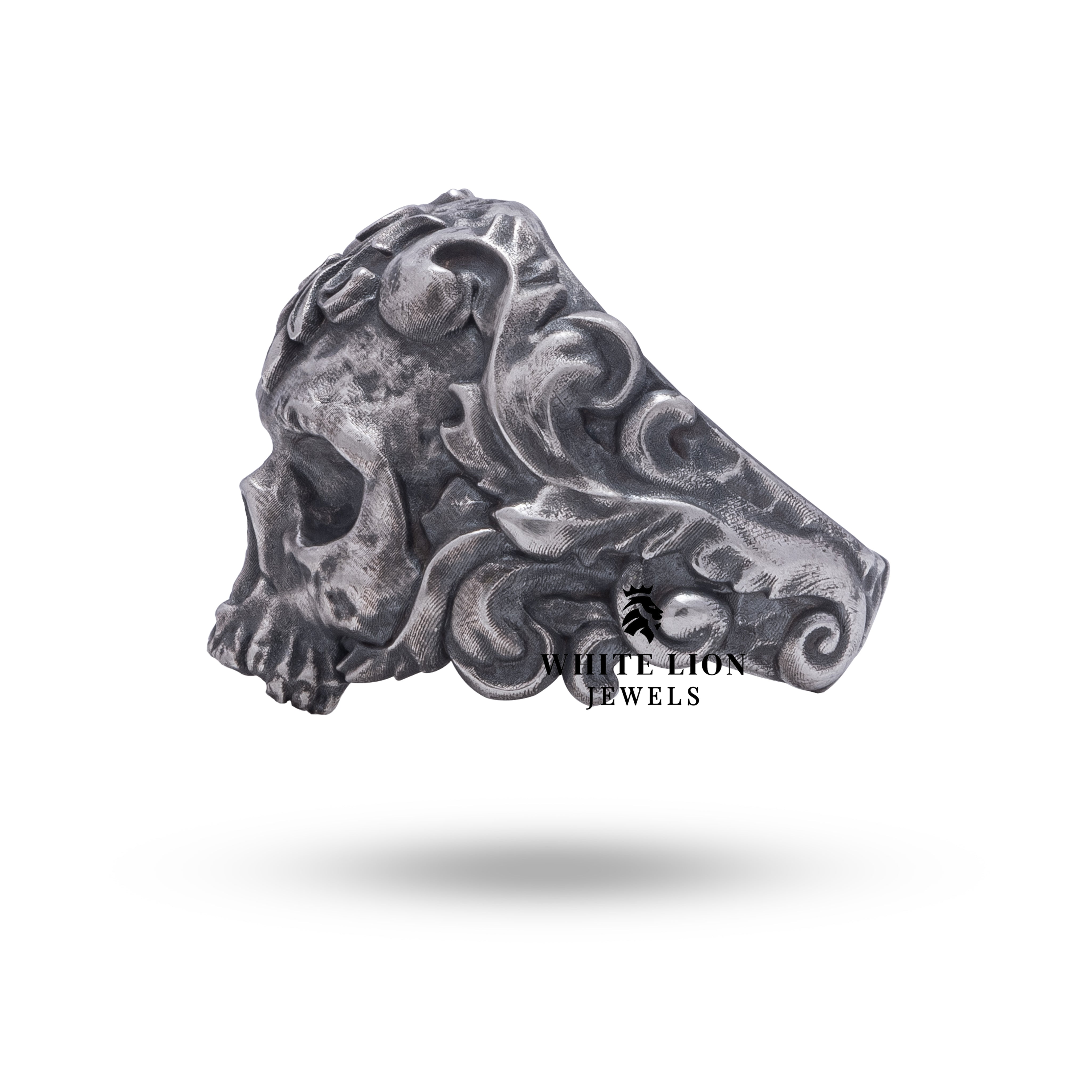 Wearable view of the Half Jaw Gothic Classic Skull Ring on finger, depicting dark elegance