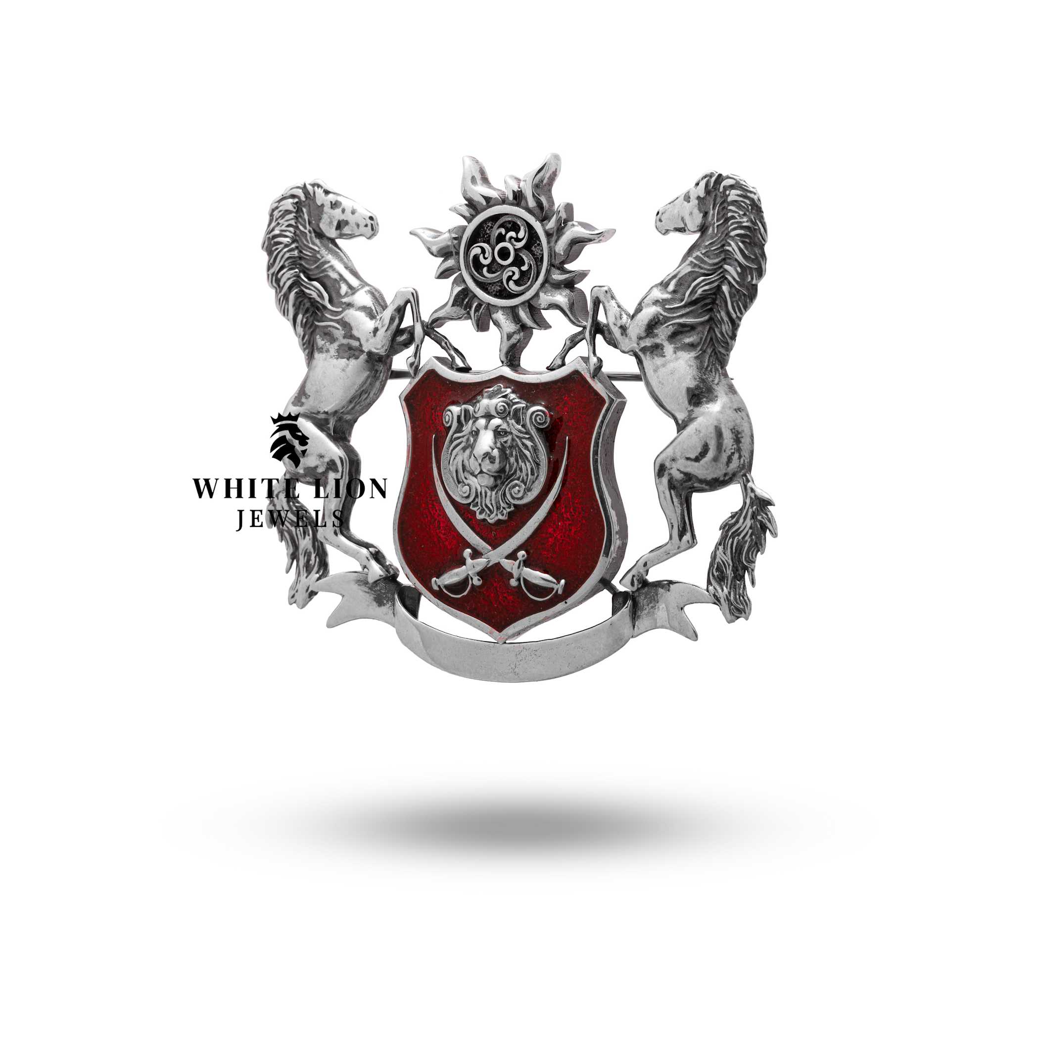 Horse and Lion Motif Brooch in Sterling Silver, Antique Look