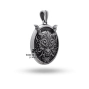 Back view of the Hannya Oni Mask Dragon Pendant, showcasing meticulous craftsmanship in oxidized sterling silver.