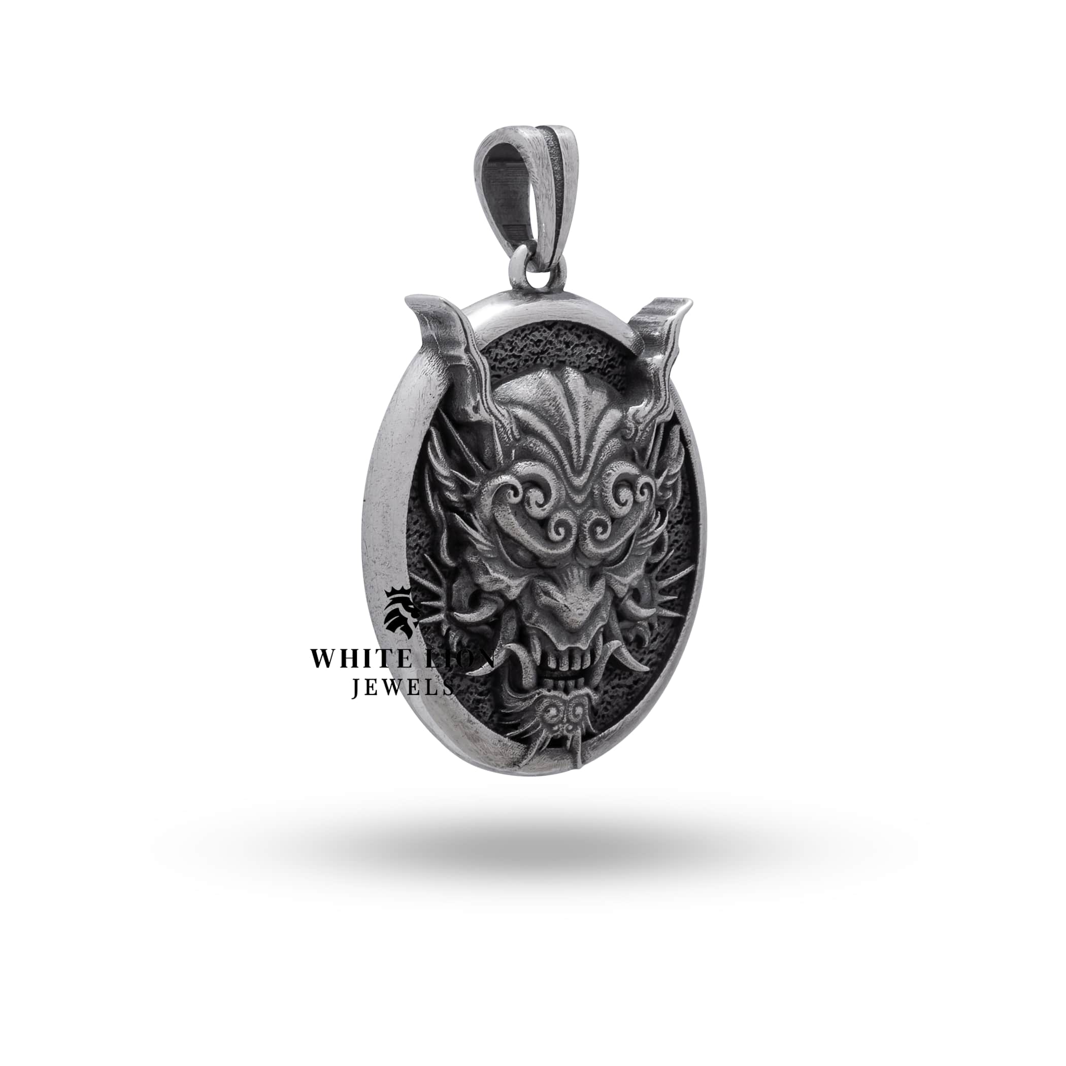 Back view of the Hannya Oni Mask Dragon Pendant, showcasing meticulous craftsmanship in oxidized sterling silver.