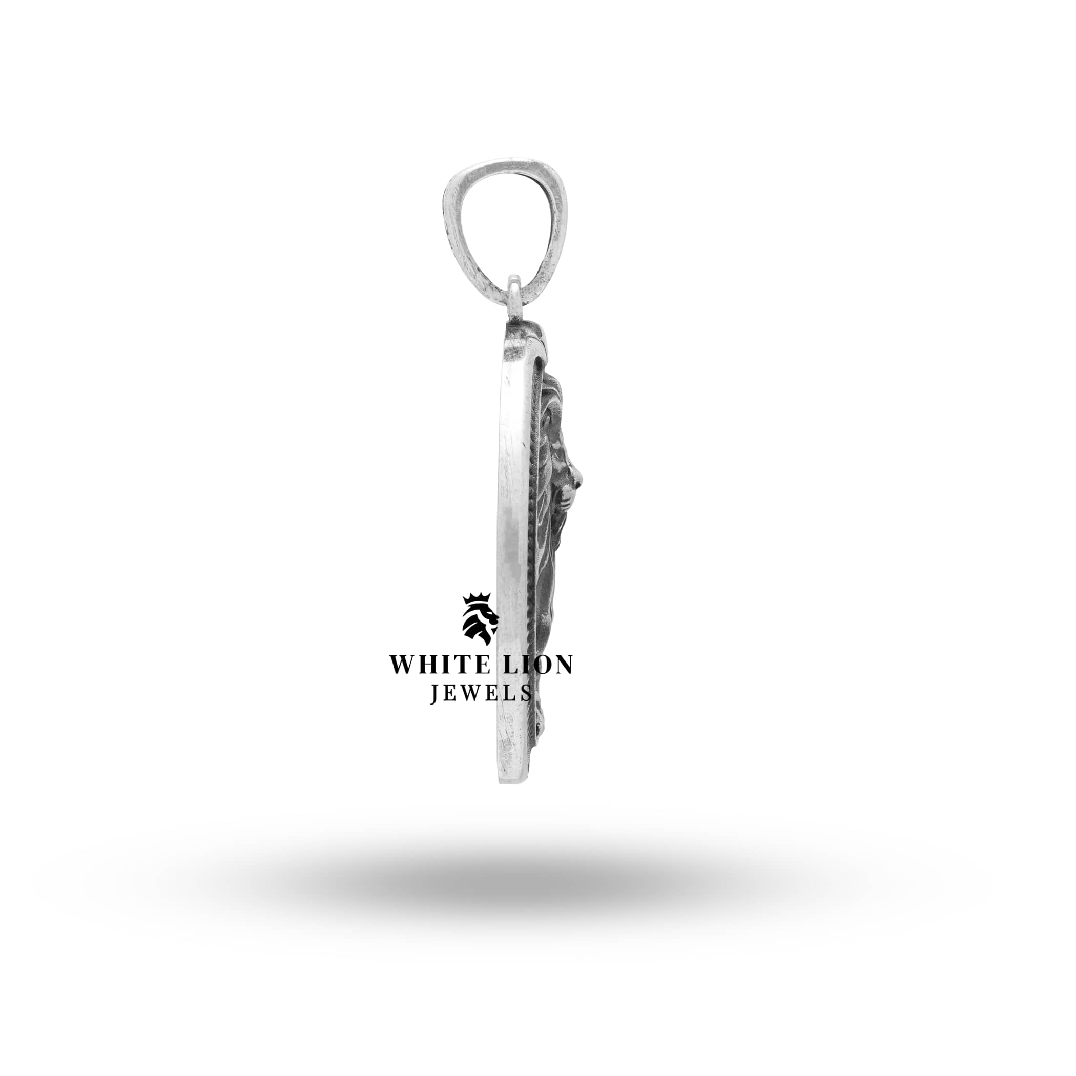 Close-up of the round Leo Lion King pendant, made of sterling silver with a protective coating.