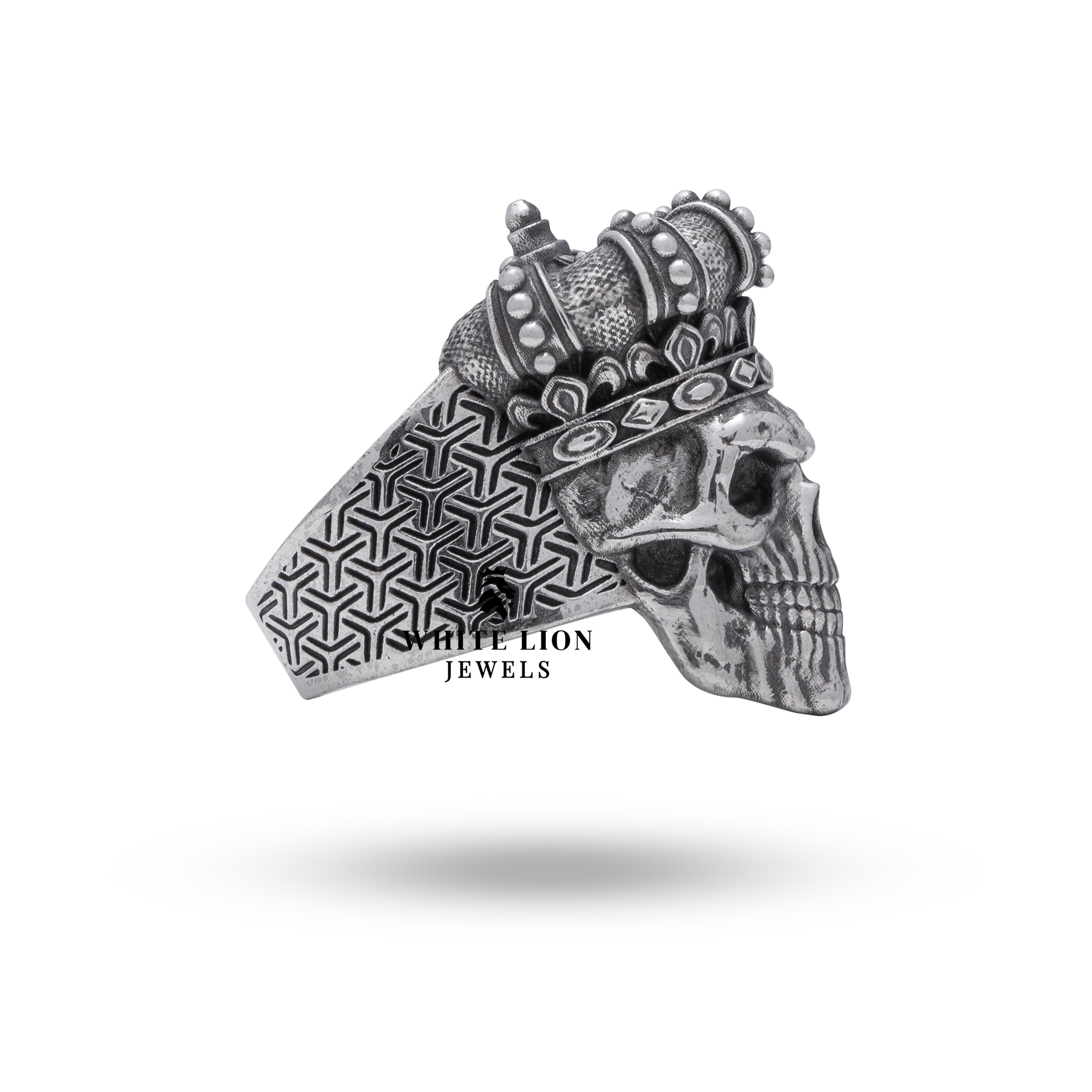 Model wearing King Emperor Monarch Gothic Skull Crown 925 Sterling Silver Ring displaying elegant fit.