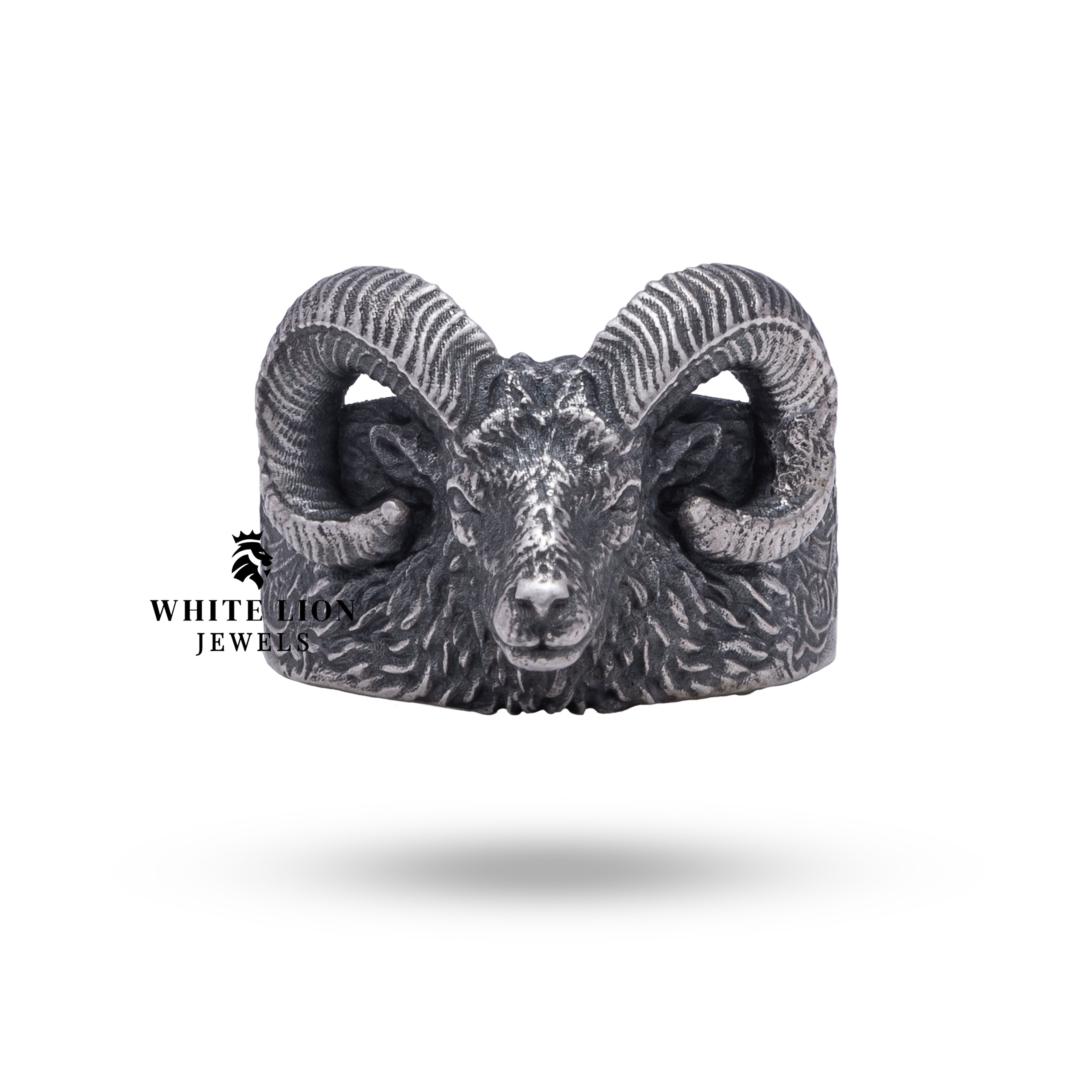 Close-up of detailed Aries zodiac emblem on Sterling Silver Ring