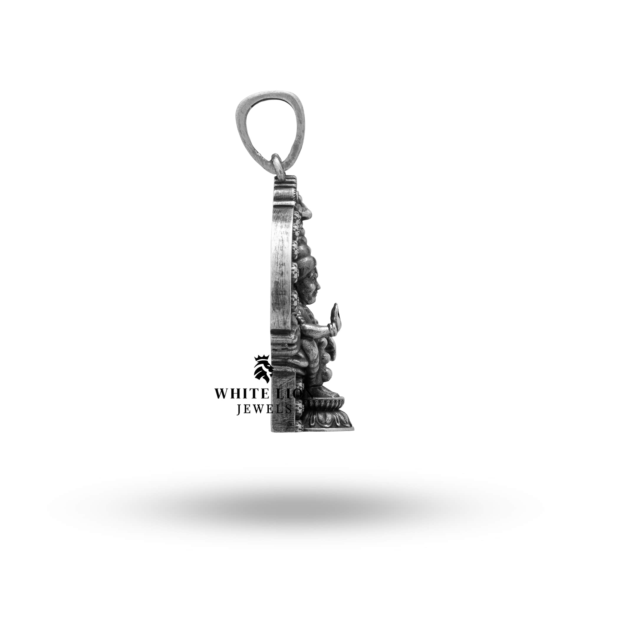 Intricate artisan pendant in oxidized silver, presenting Ayyappa deity of truth, cultural symbol.