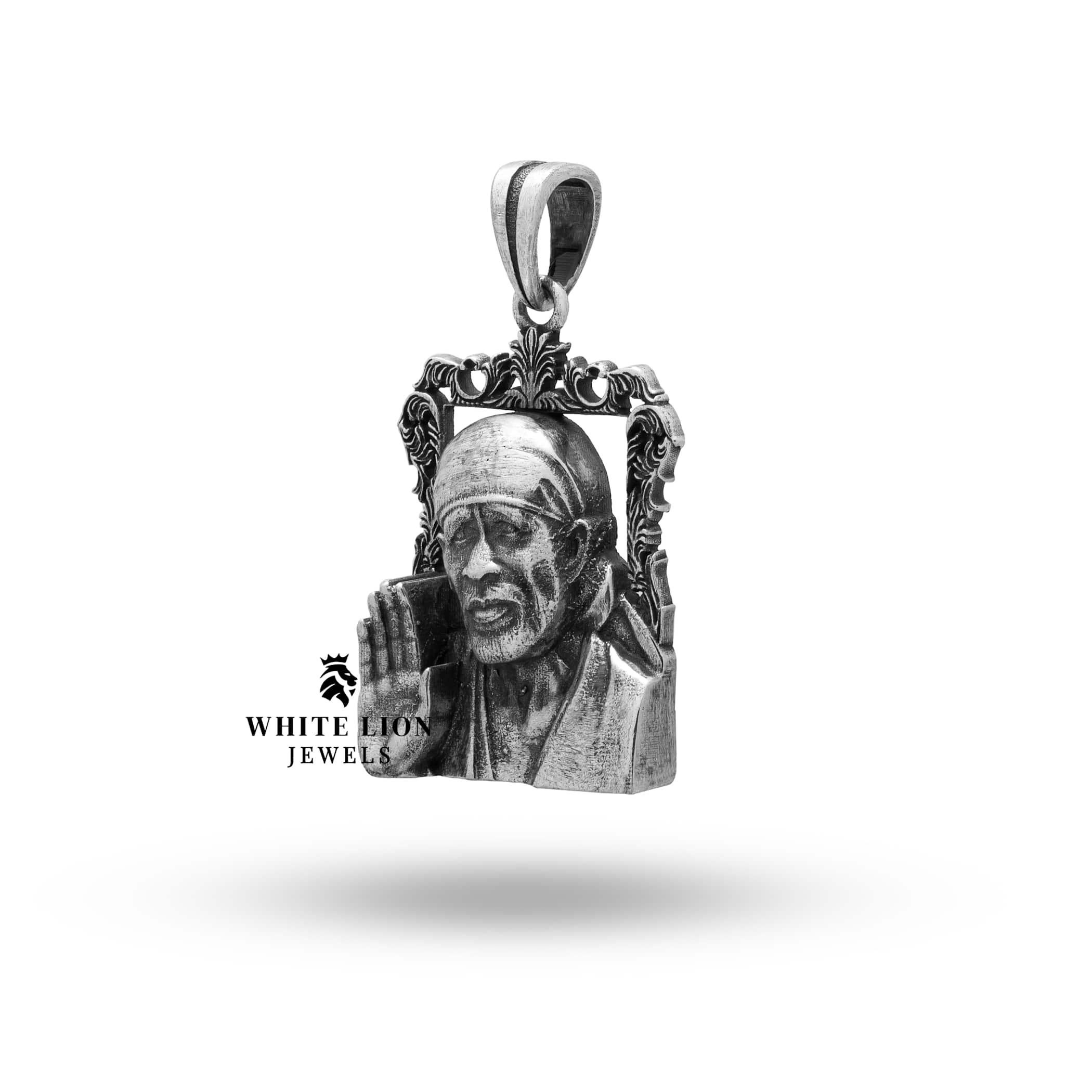 Back view showing clear protective coating of Sai Baba Blessing 925 Sterling Silver Pendant.