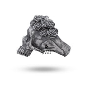 Angled view of Gothic Half Jaw Roses Skull Ring highlighting the intricate rose pattern