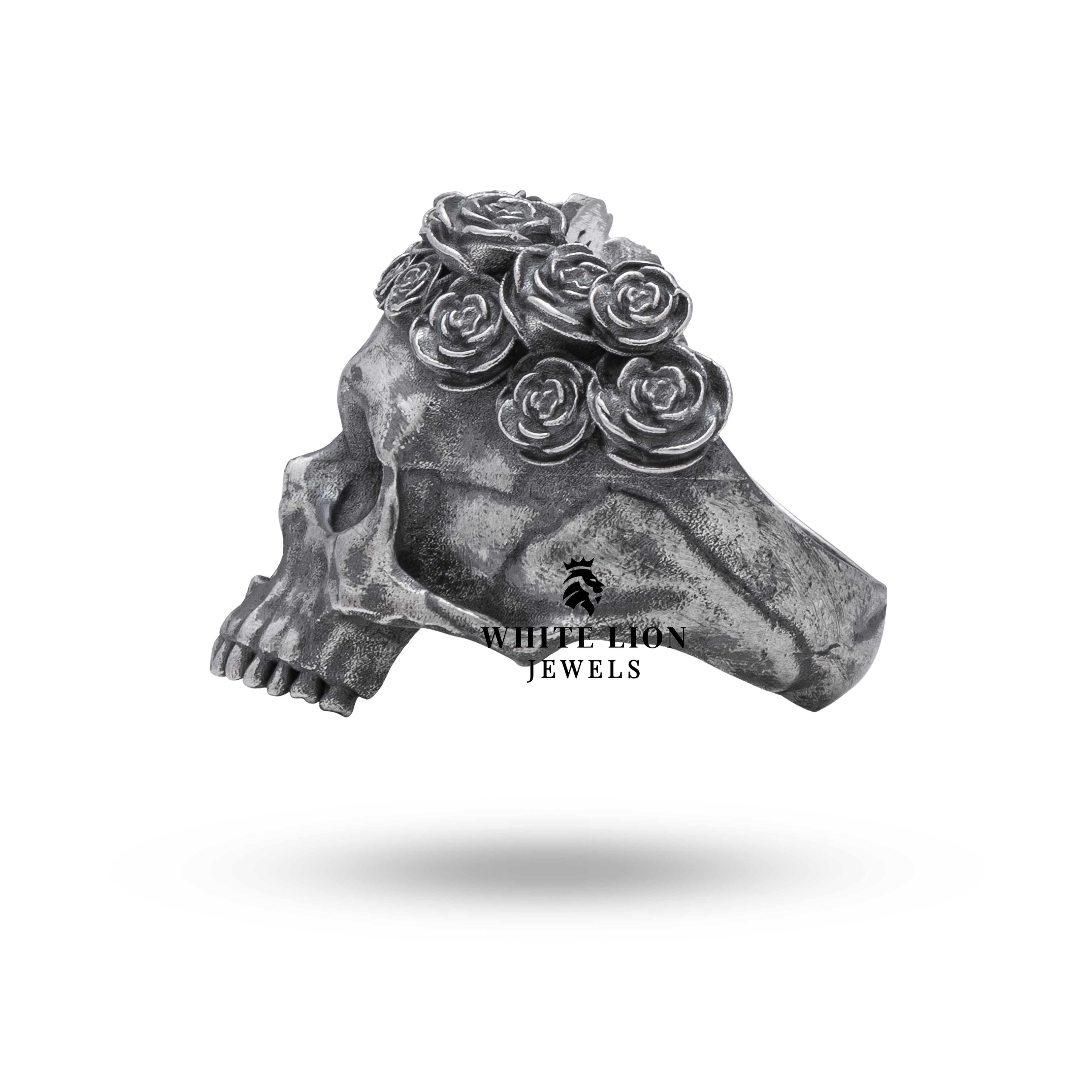 Angled view of Gothic Half Jaw Roses Skull Ring highlighting the intricate rose pattern