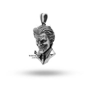 Side angle of Joker Humorist Comedian Clown Sterling Silver Pendant with oxidized finish