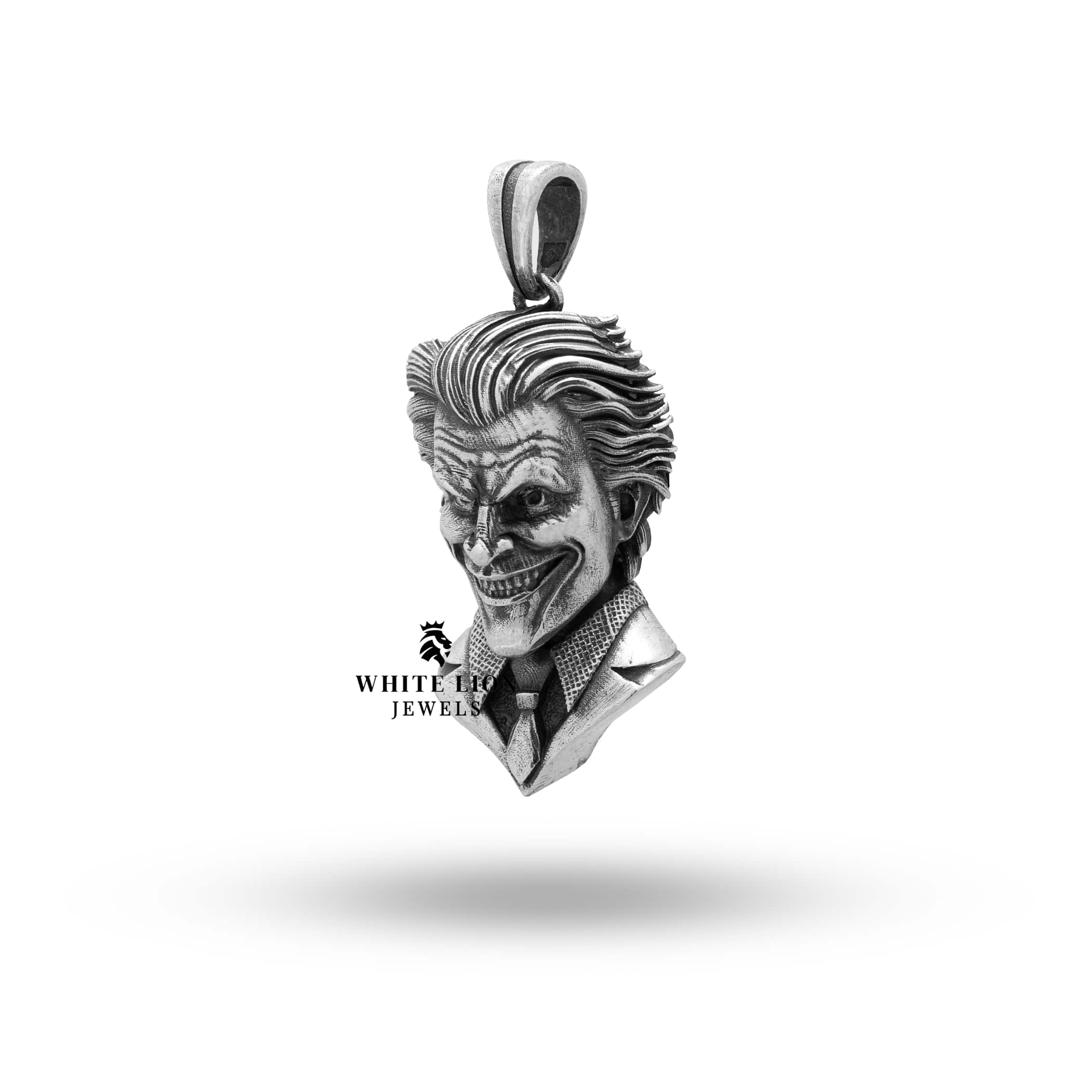 Side angle of Joker Humorist Comedian Clown Sterling Silver Pendant with oxidized finish