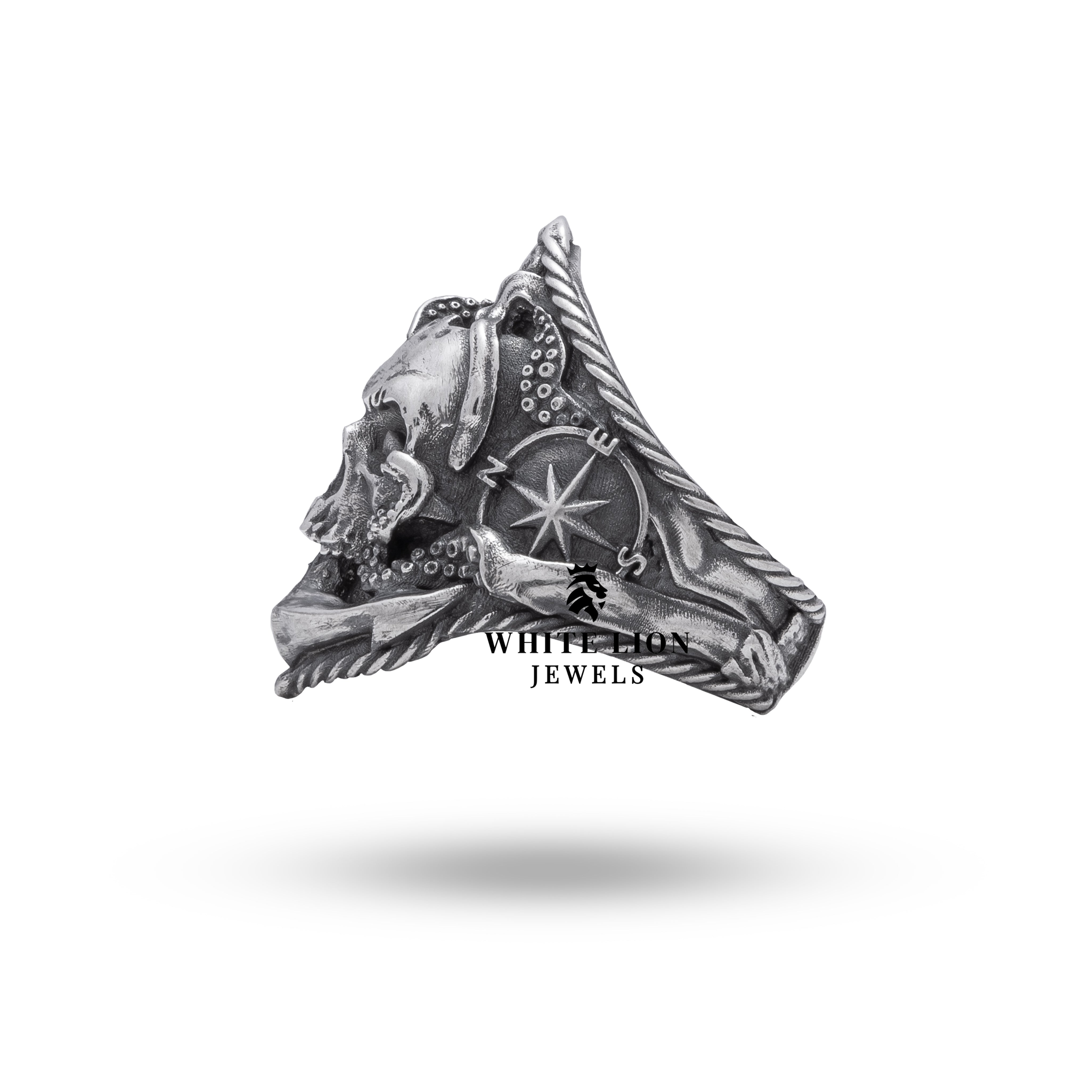 Wear guide for Compass Skull 925 Sterling Silver Ring, paired with a leather jacket for an edgy look.