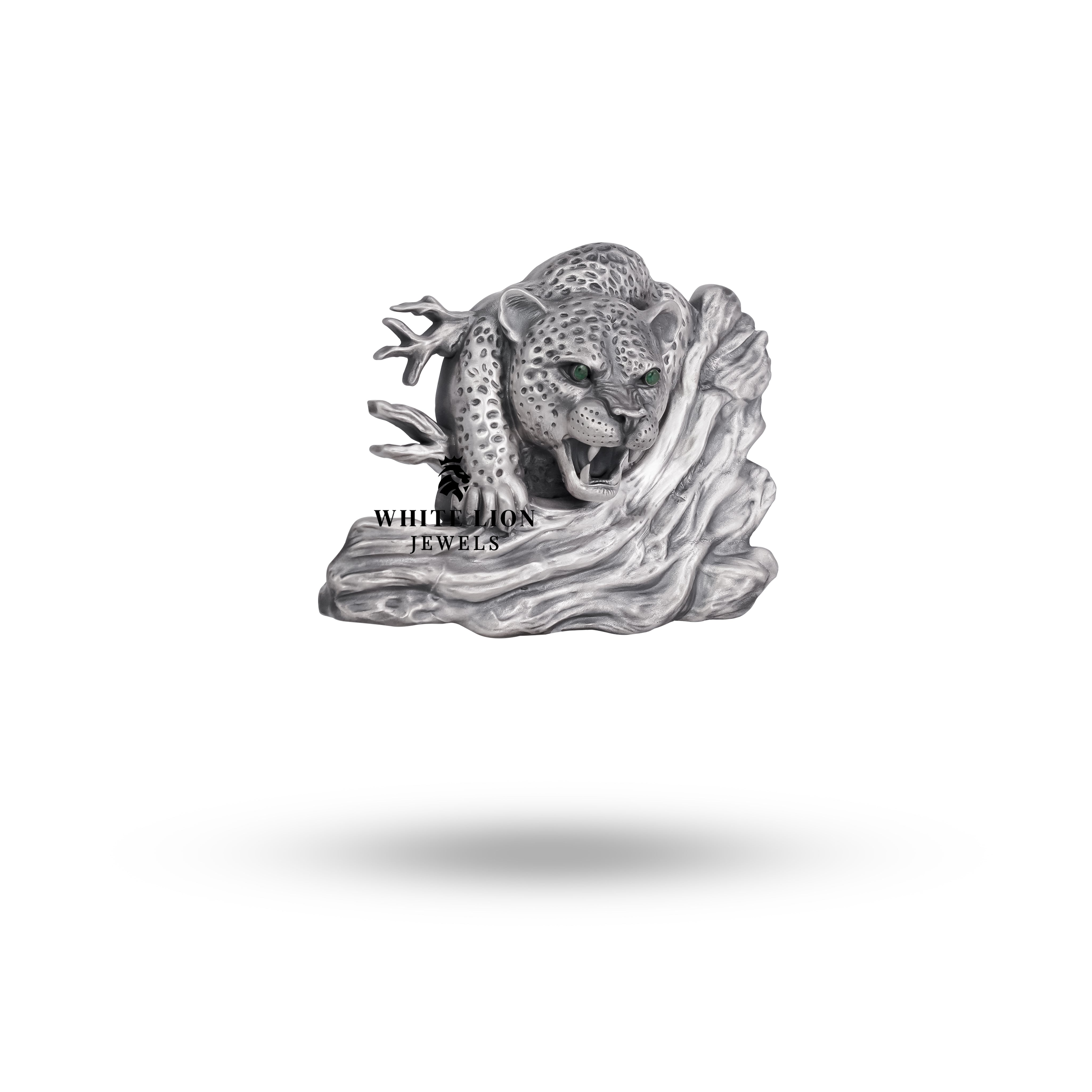 Close-up view of Handmade 3D Panther design on Sterling Silver Belt Buckle