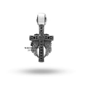 Model wearing Lion King Cross Wings Pendant, showing elegant style on chain