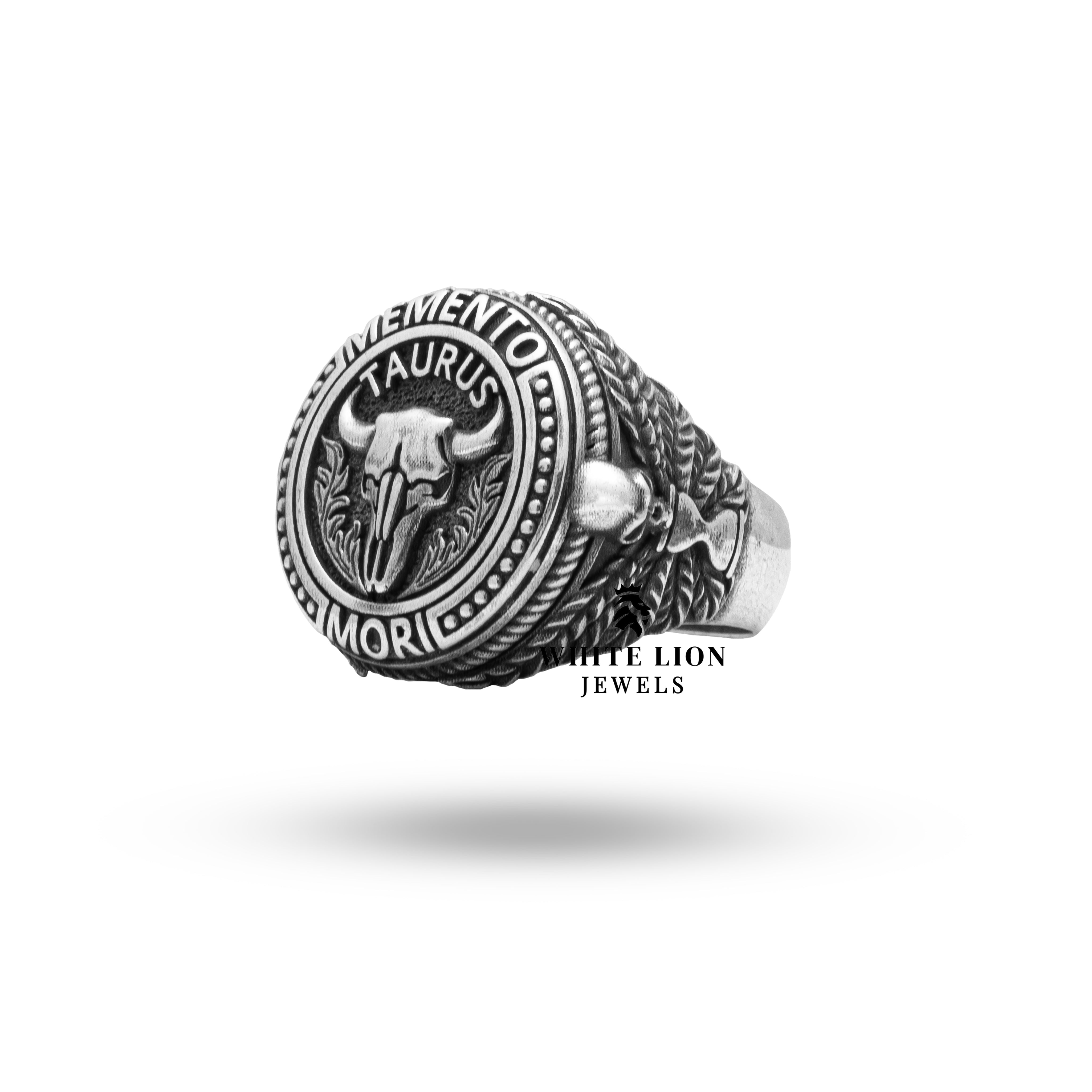 Close-up of the Taurus Bull and Skull design on 925 Sterling Silver Ring by White Lion Jewels.