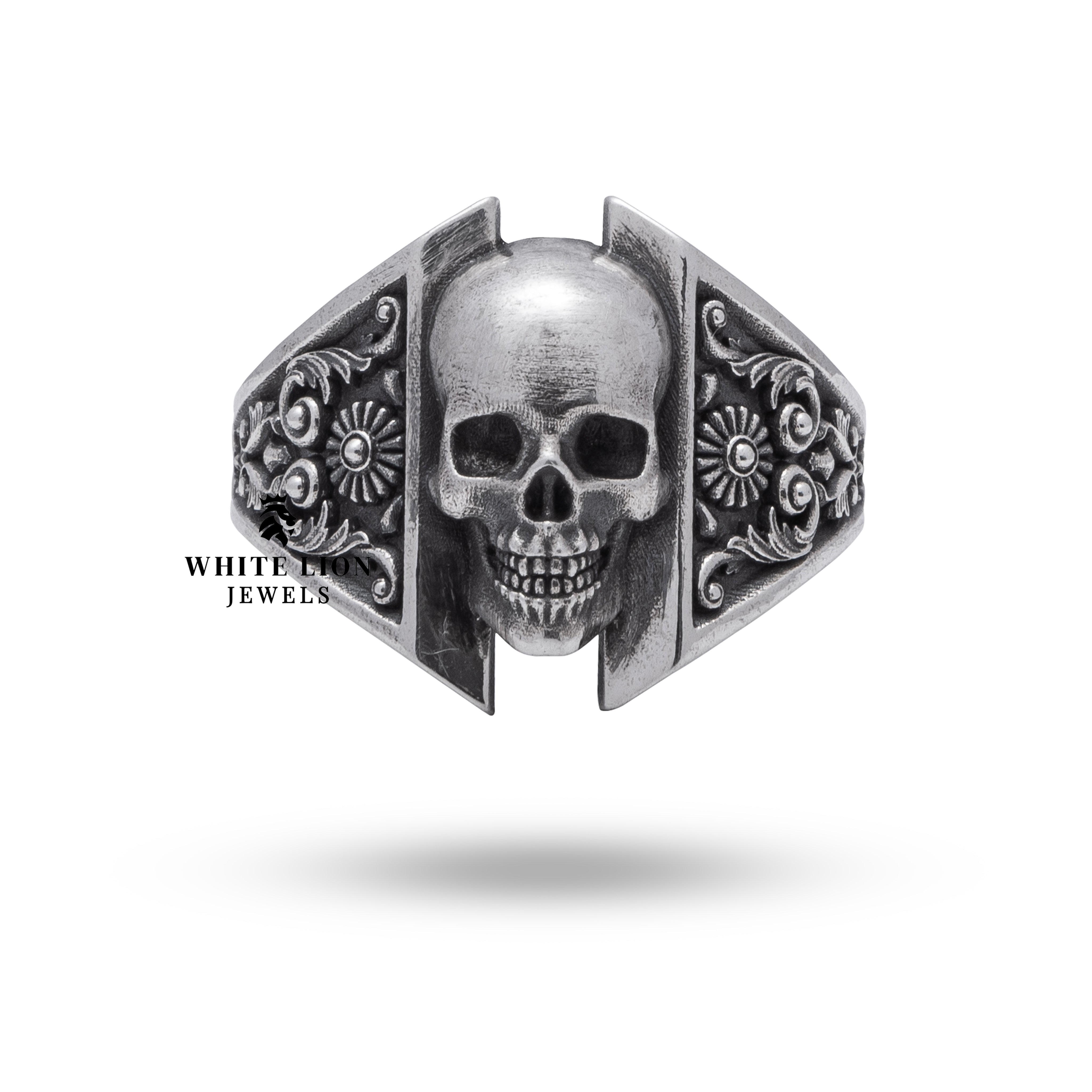 Side view of Flower Filigree Skull Ring highlighting the oxidized silver finish.