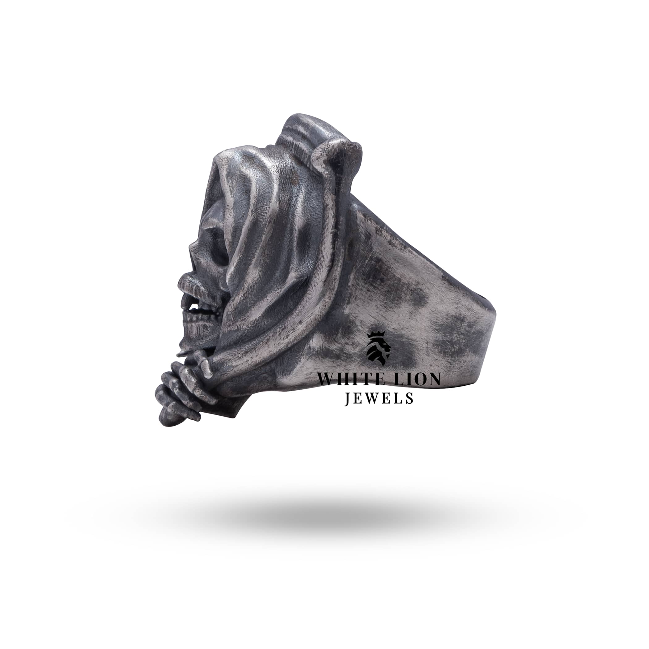 Worn view of Grim Reaper Gothic Skull Ring, displaying how it fits beautifully on the finger.