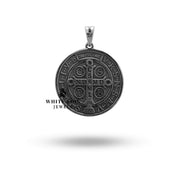 Close-up of intricate design in Saint Benedict Catholic Medallion Pendant 925 oxidized silver