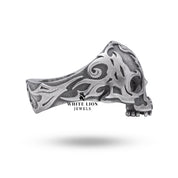 Detailed close-up of Half Jaw Fire Skull Ring showcasing its unique sterling silver artistry.