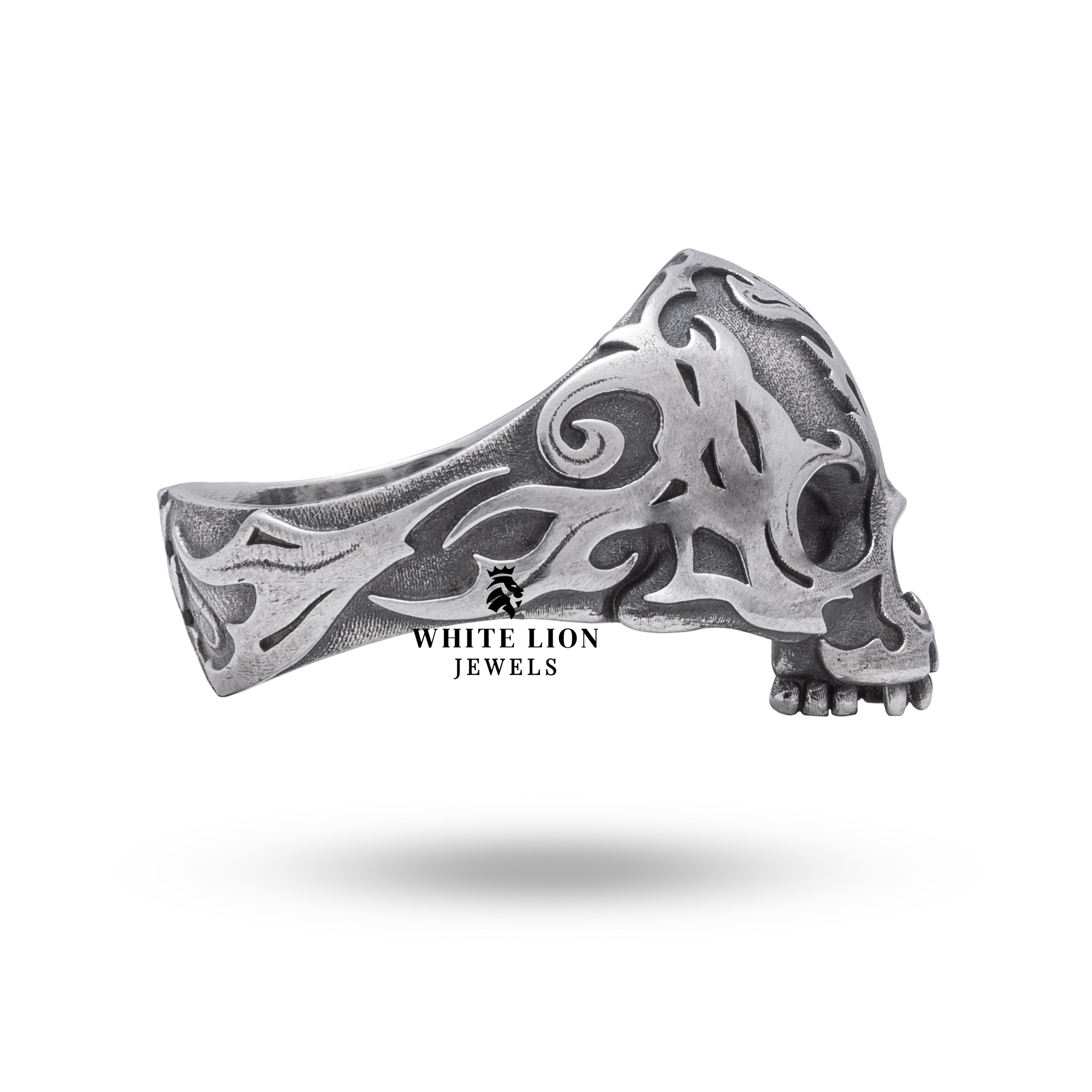 Detailed close-up of Half Jaw Fire Skull Ring showcasing its unique sterling silver artistry.