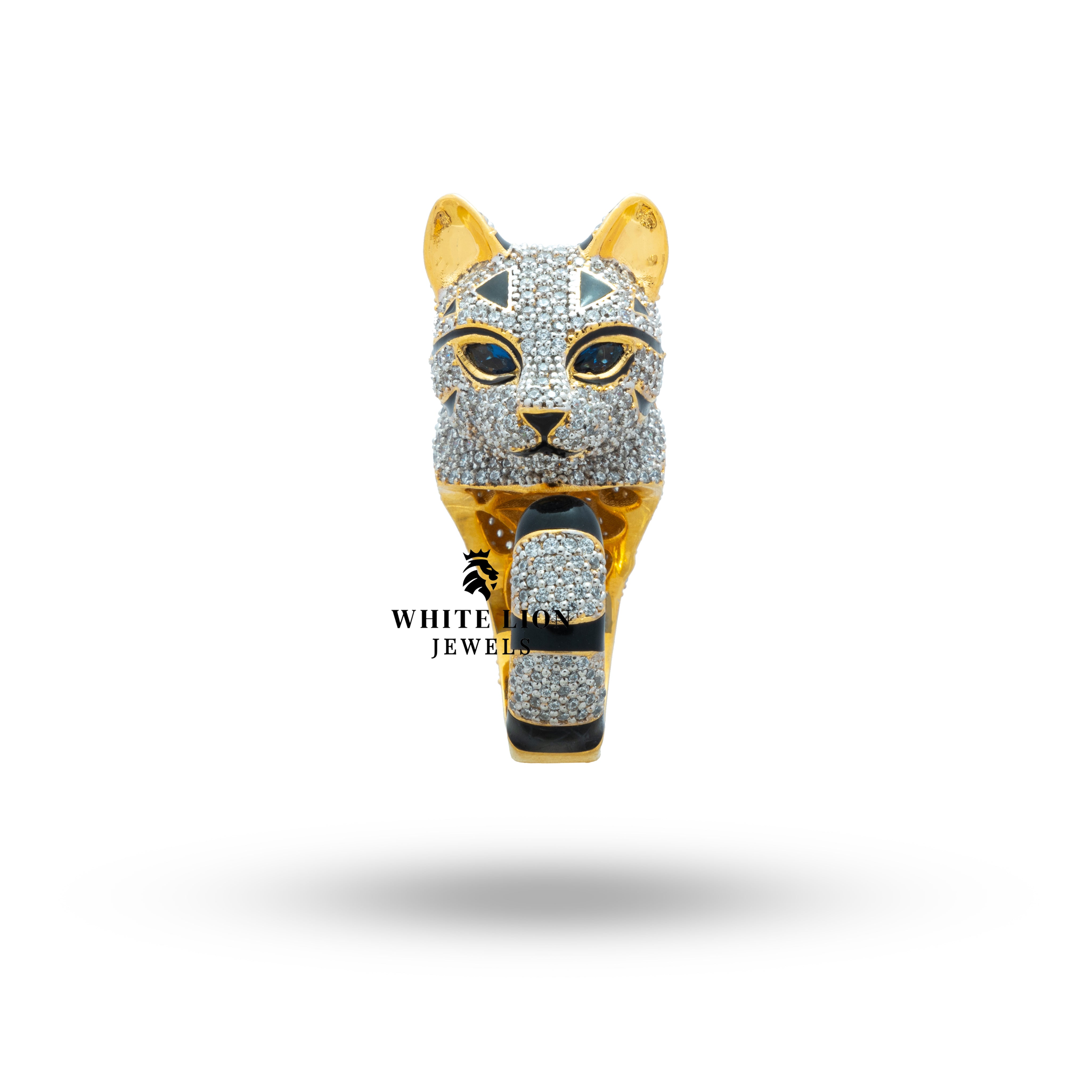 Side profile of Cat Cubic Zirconia Iced Out 925 Sterling Silver Gold Plated Ring detailing the feline design and gold plating.