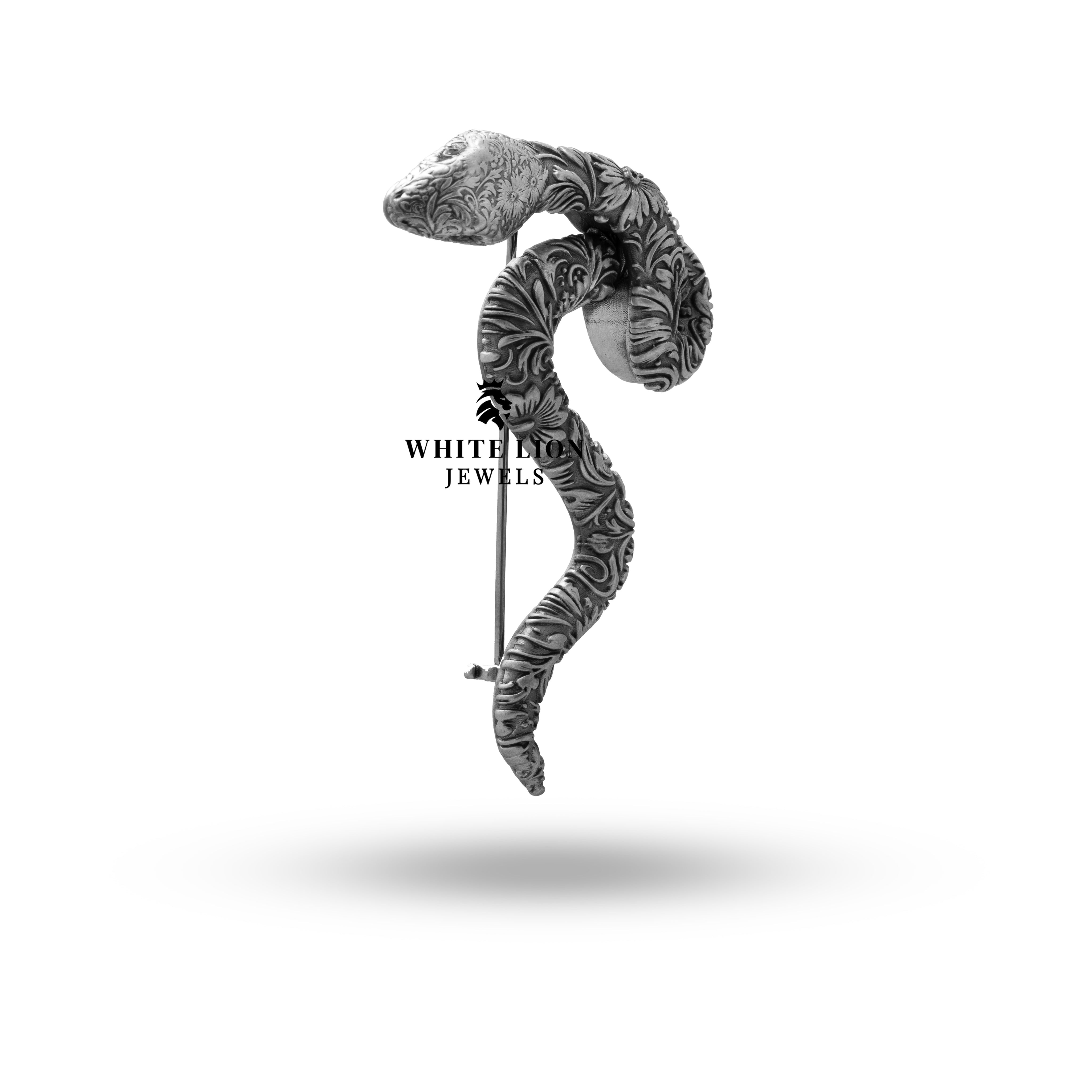 Side view showing the intricate design of the Elegant Snake 925 Sterling Silver brooch.