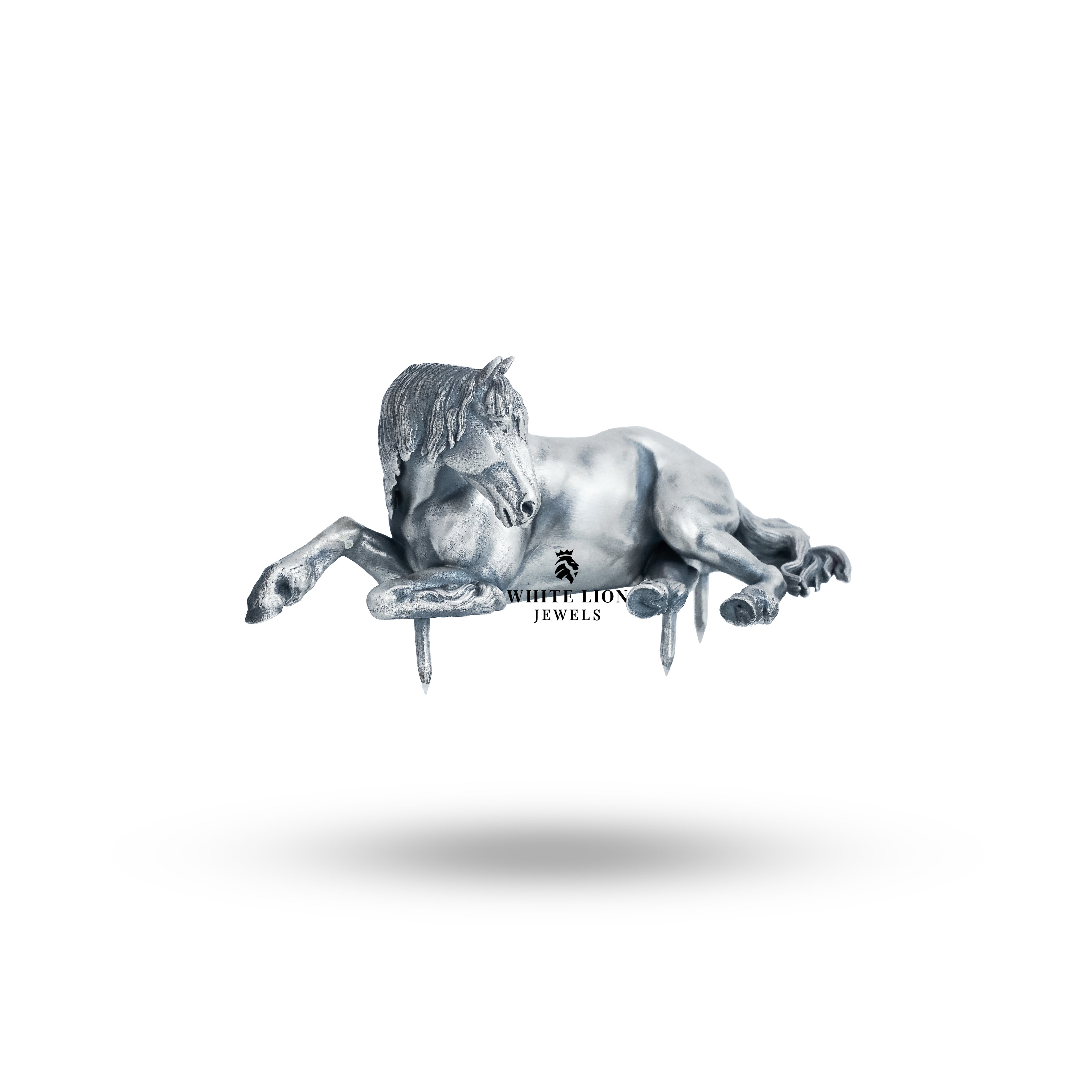 Stylish display of the Royal Horse Shoulder Brooch against a black fabric backdrop, emphasizing its luxurious look.