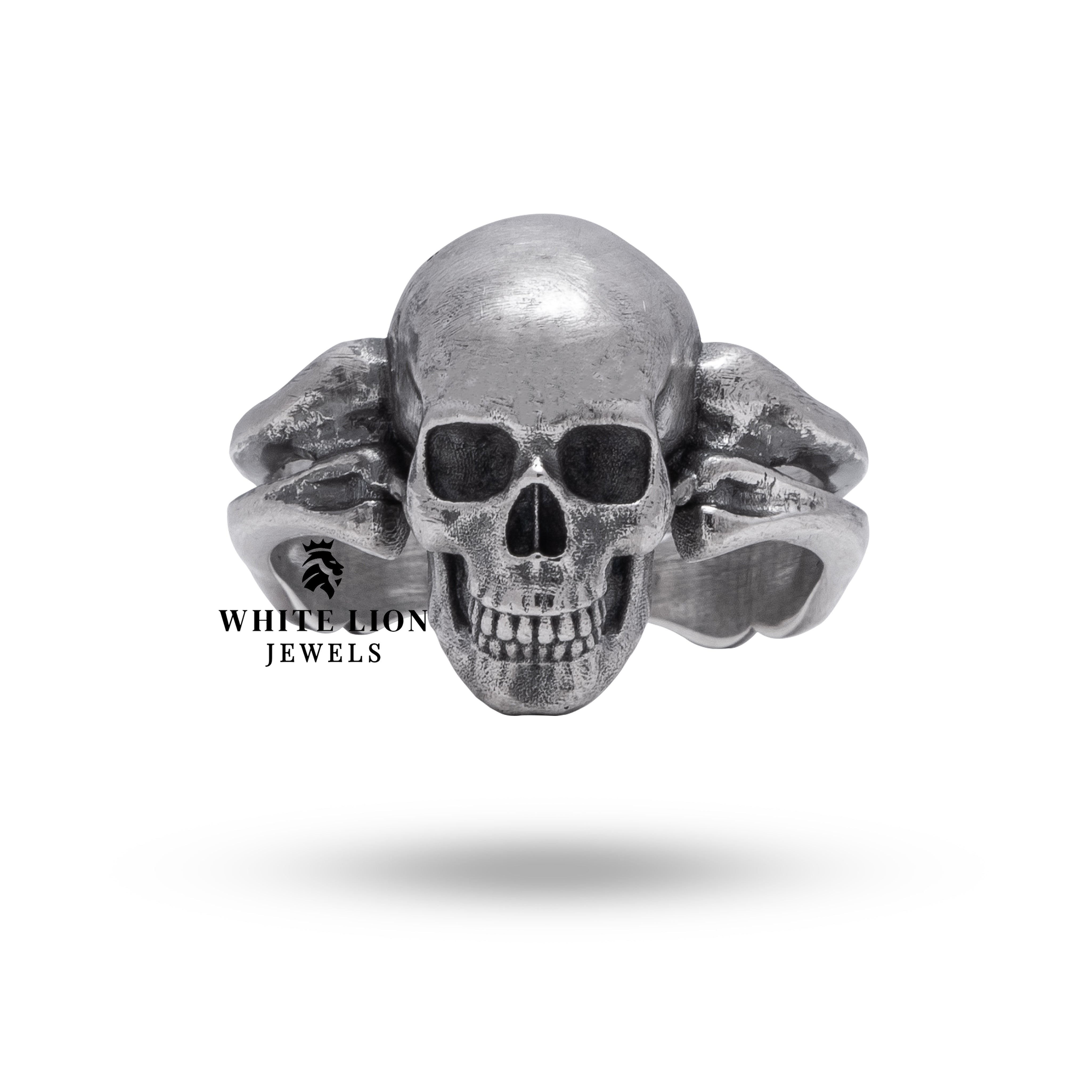 Side view of handcrafted Bone Skull sterling silver ring