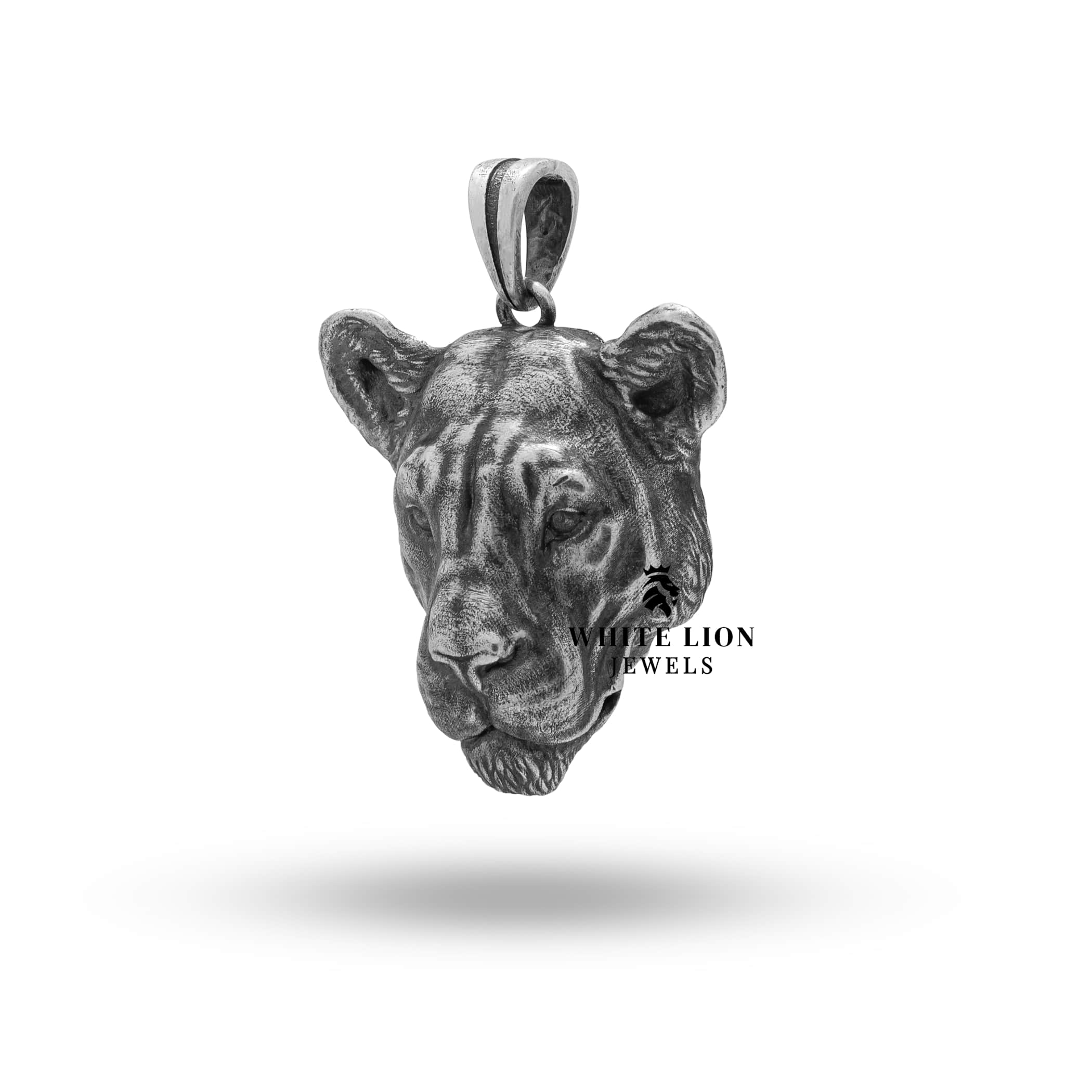 Side angle of Lioness Sterling Silver Pendant with detailed craftsmanship