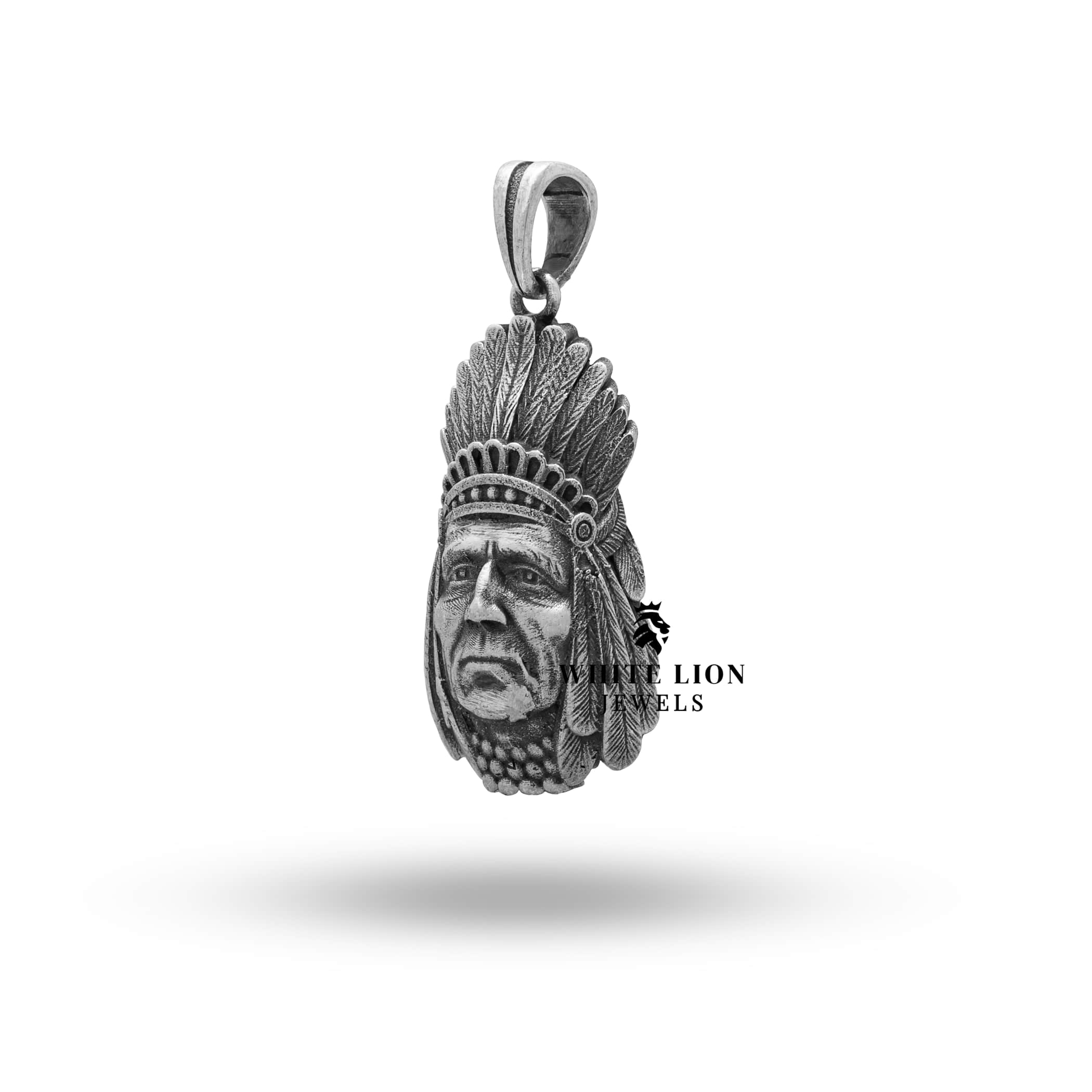 Side profile of American Indian Chief Feather pendant in silver