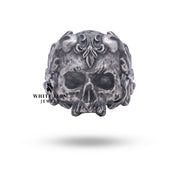 Close-up of the Half Jaw Gothic Classic Skull Ring detailing handcrafted skull design, angle 2