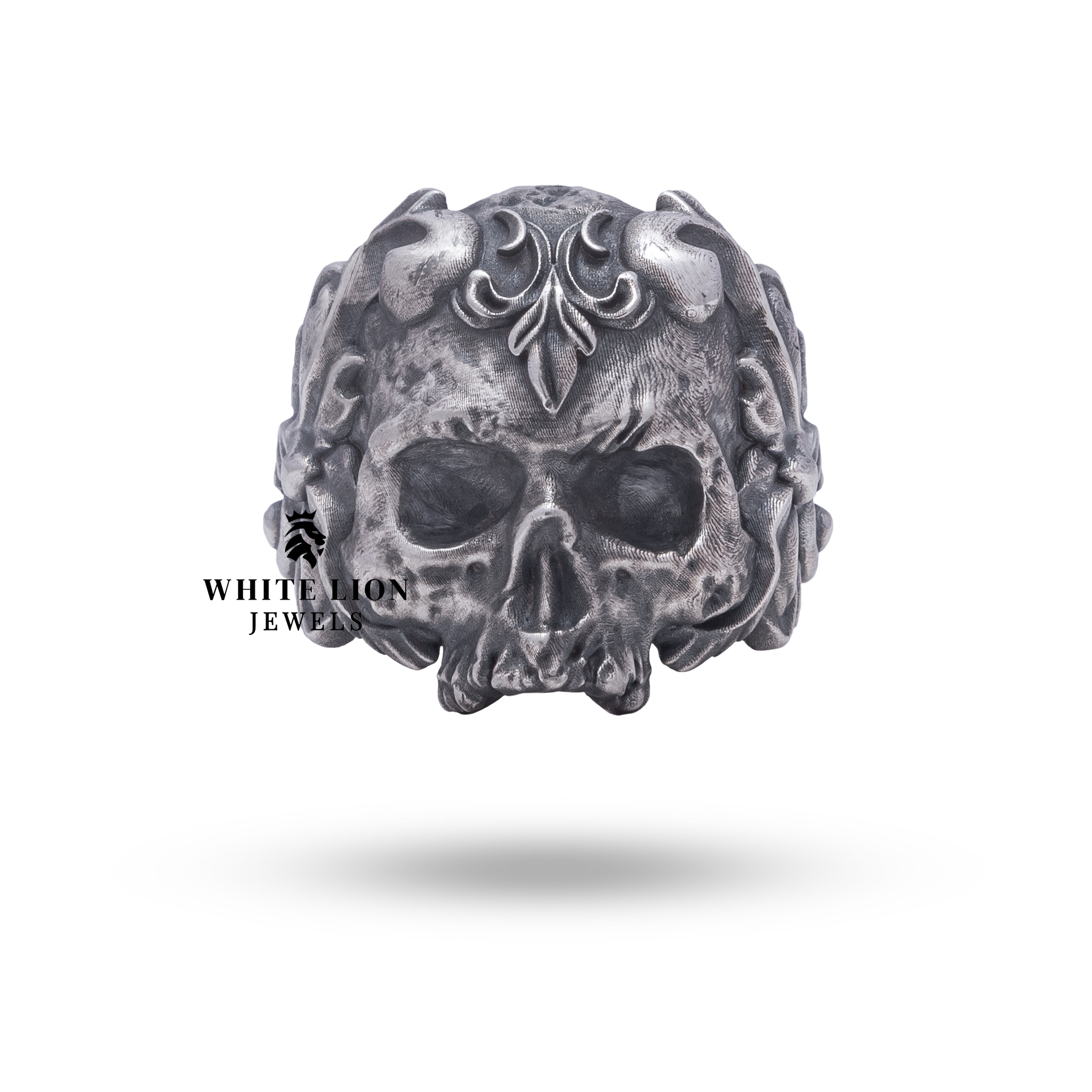 Close-up of the Half Jaw Gothic Classic Skull Ring detailing handcrafted skull design, angle 2