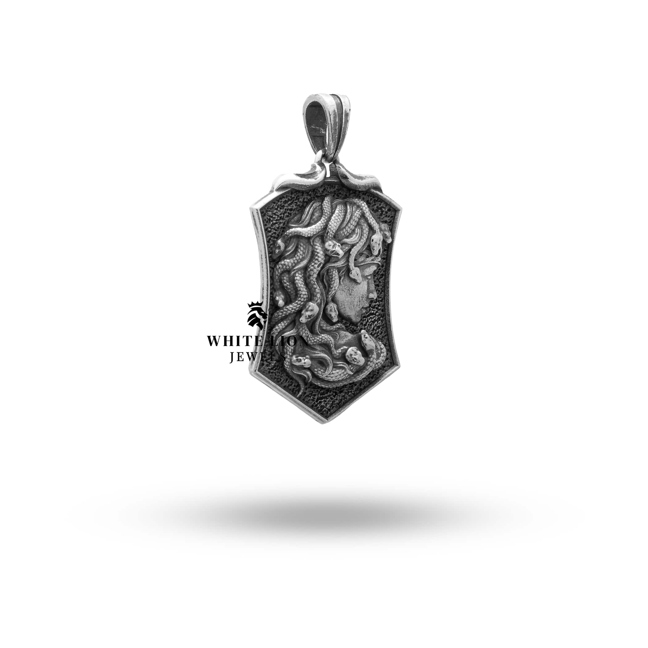 Close-up of Greek Goddess Medusa Snakes Shield Pendant showcasing detailed craftsmanship on oxidized silver.