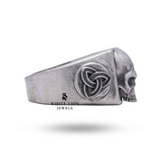 Side view of Gothic Skull ring made of 925 Sterling Silver with Celtic Knot design and oxidized finish, highlighting artisan detail.