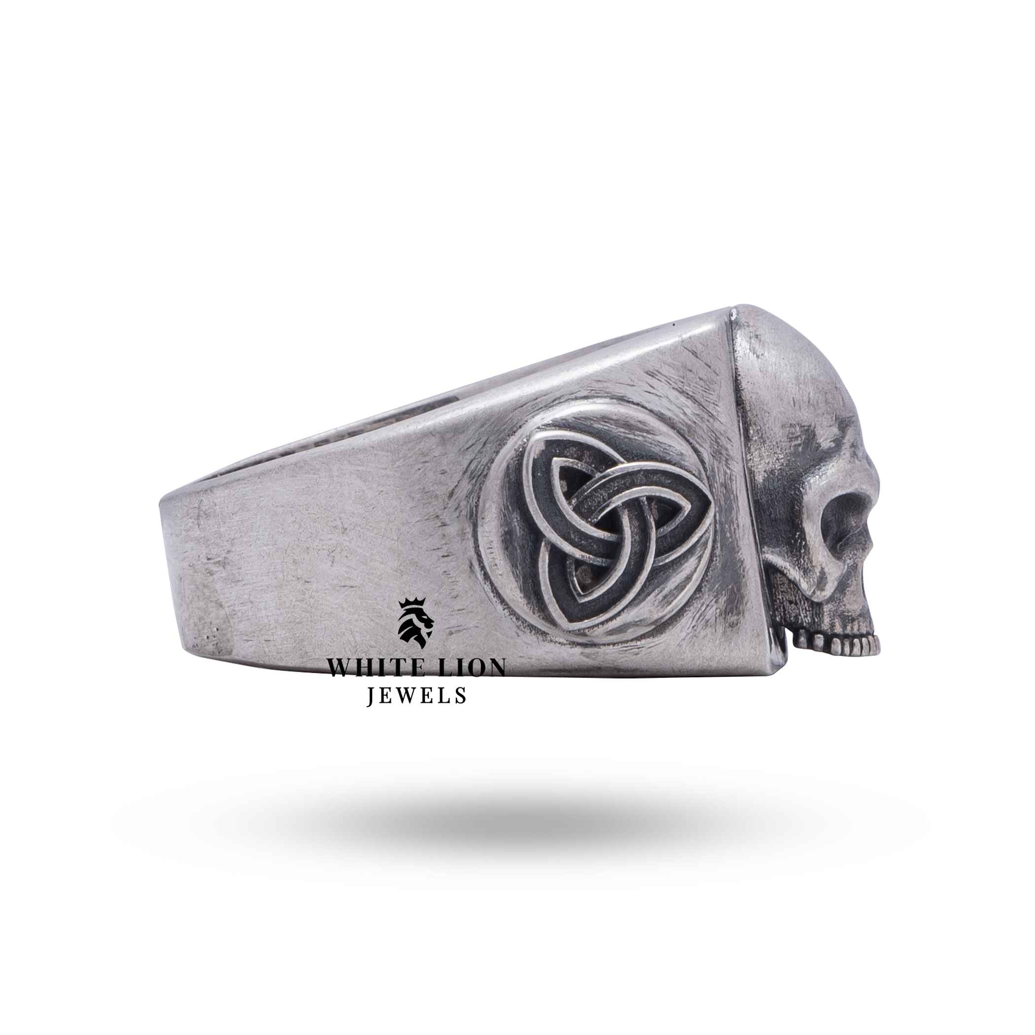 Side view of Gothic Skull ring made of 925 Sterling Silver with Celtic Knot design and oxidized finish, highlighting artisan detail.
