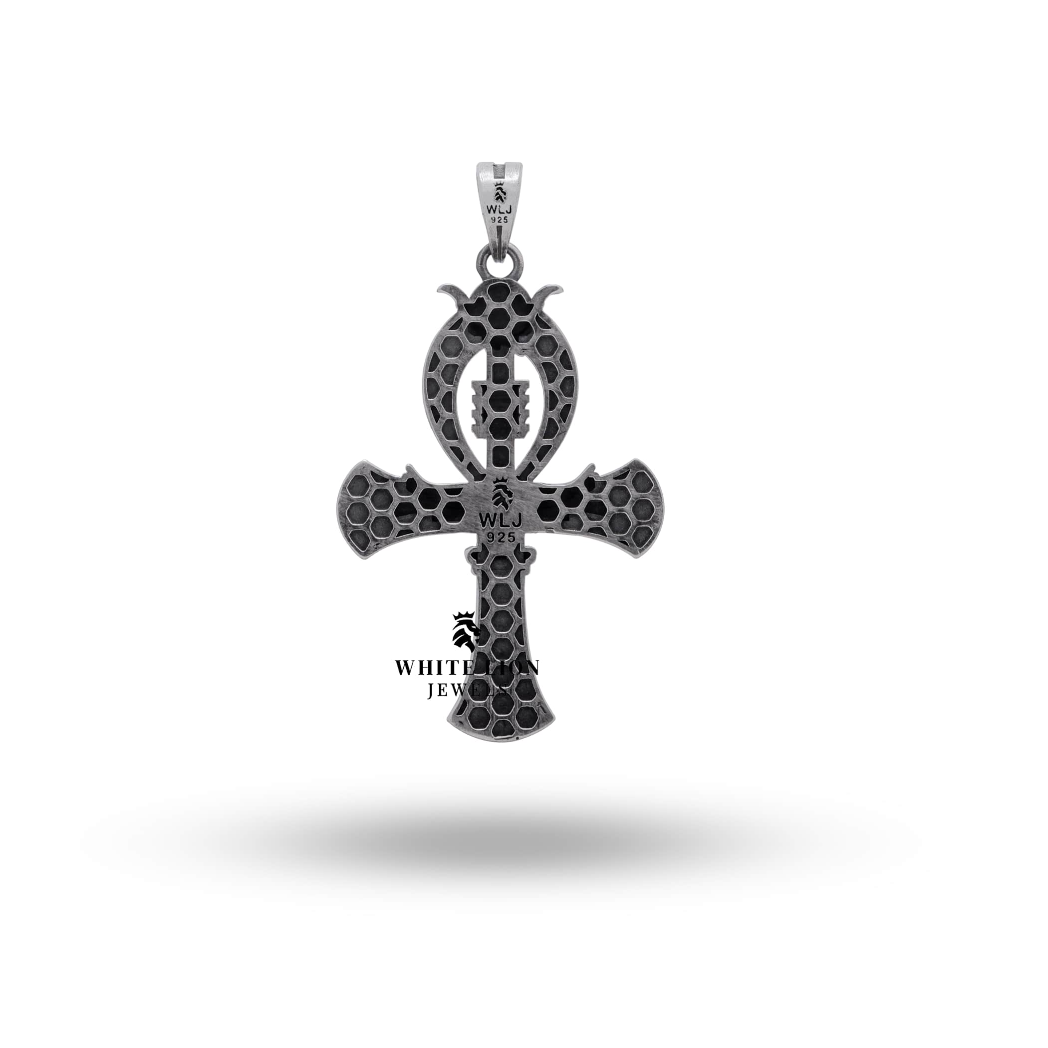 Model wearing Ankh Egyptian Cross Pendant, showing oxidized silver contrast on skin.