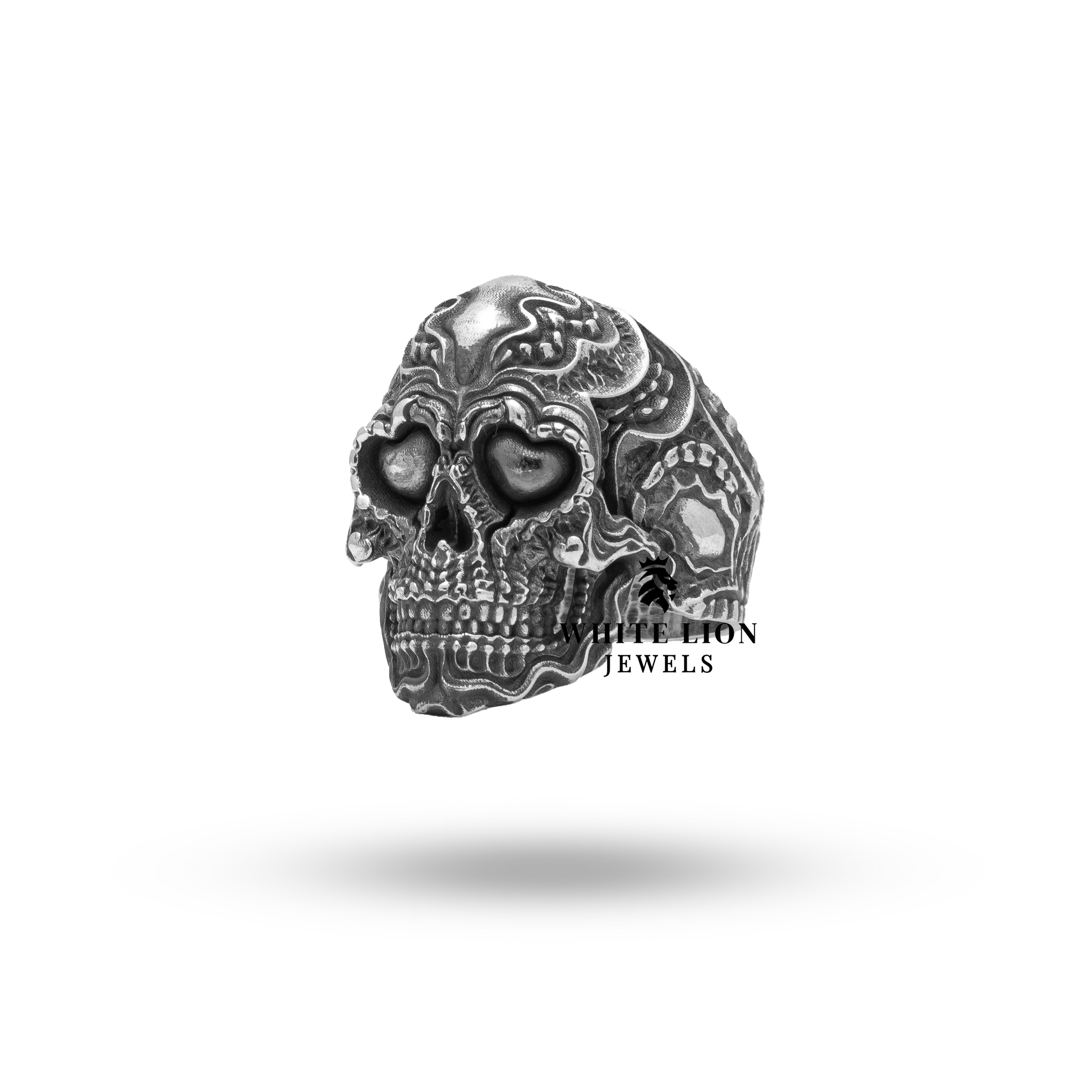 Back view of Biomechanical Gothic Skull of Love Heart 925 Silver Ring exposing craftsmanship