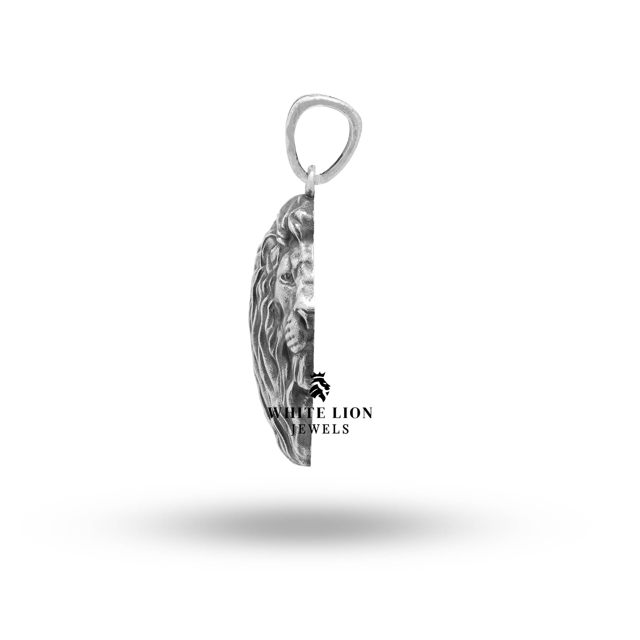 Profile view of the African Lion King Leo Pendant in 925 Sterling Silver, emphasizing its unique design elements.