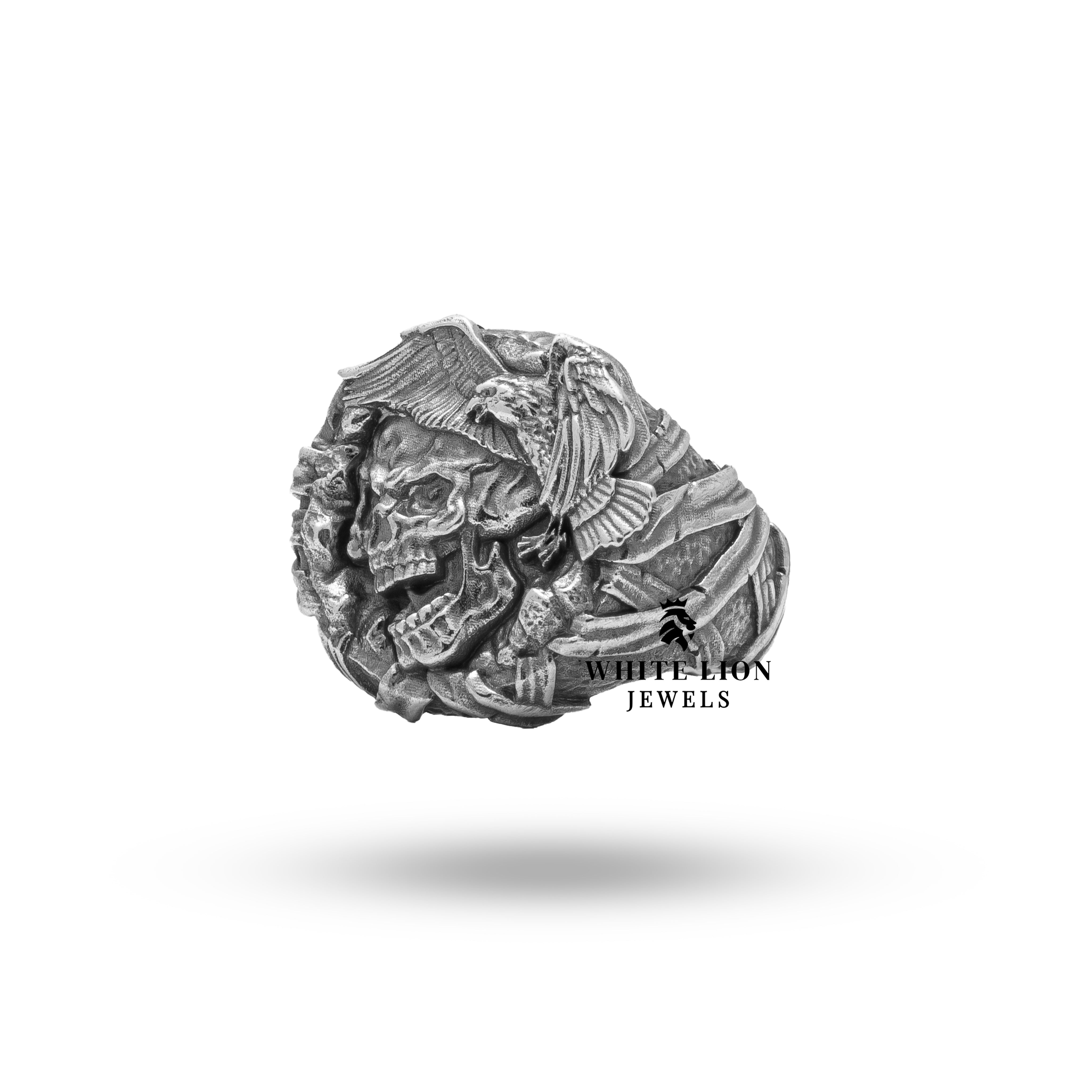 Side view of Gothic Skull Eagle Ring featuring bold and intricate artistry.