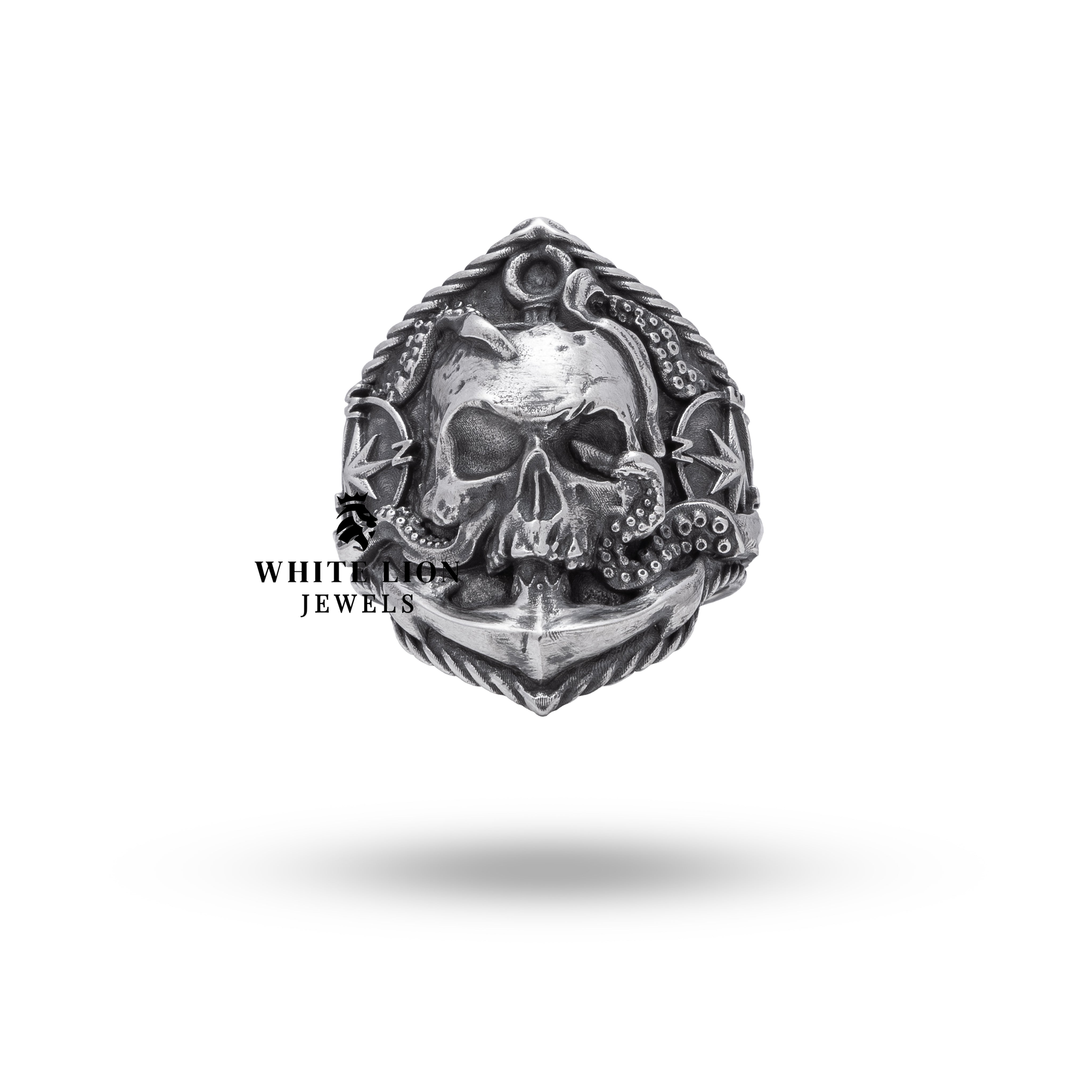 Side angle of Compass Skull 925 Sterling Silver Ring highlighting its artisanal craftsmanship and unique design.
