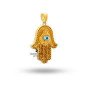 Back view of Hamsa Hand of Fatima Evil Eye Gold Plated Pendant showing artistic detailing.