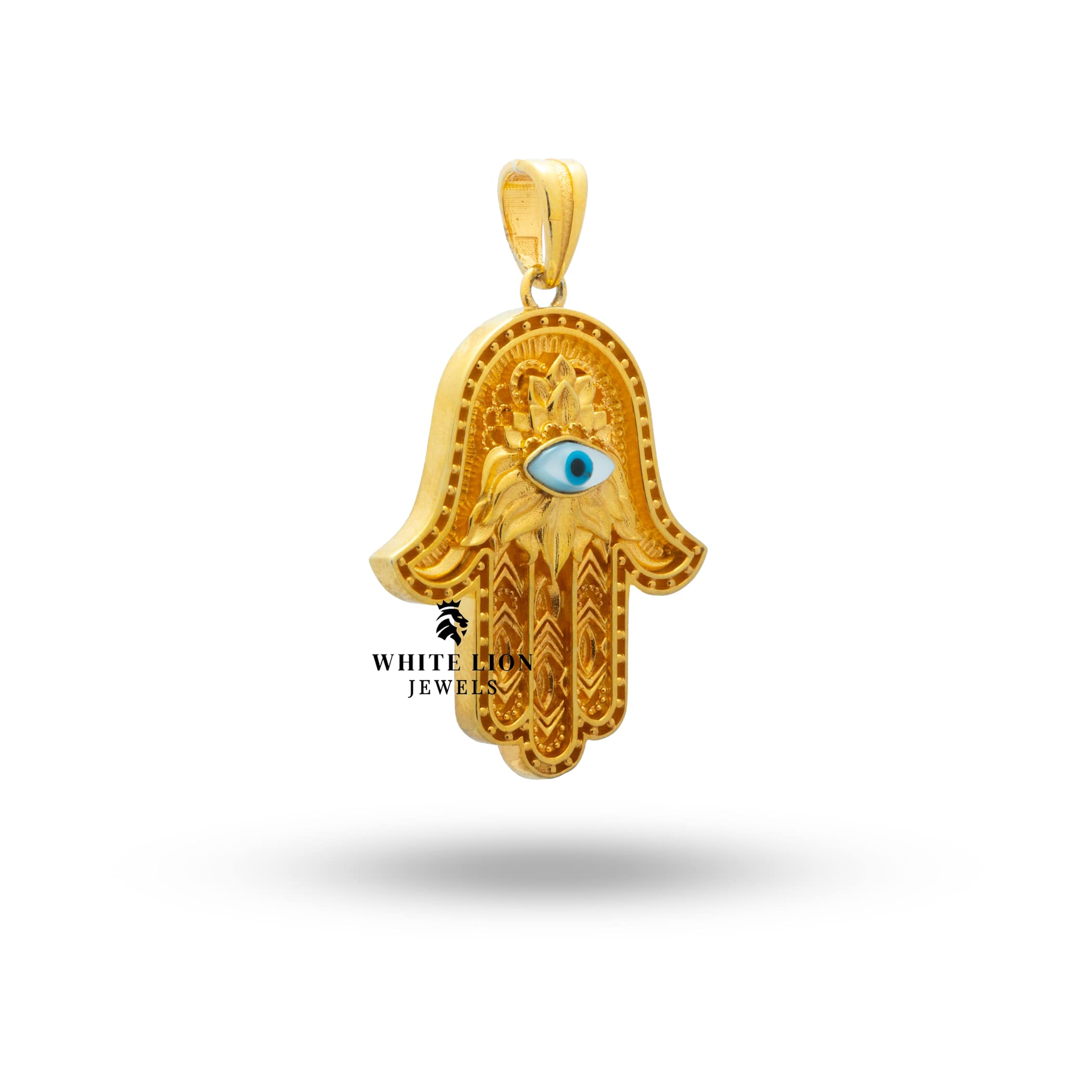 Back view of Hamsa Hand of Fatima Evil Eye Gold Plated Pendant showing artistic detailing.