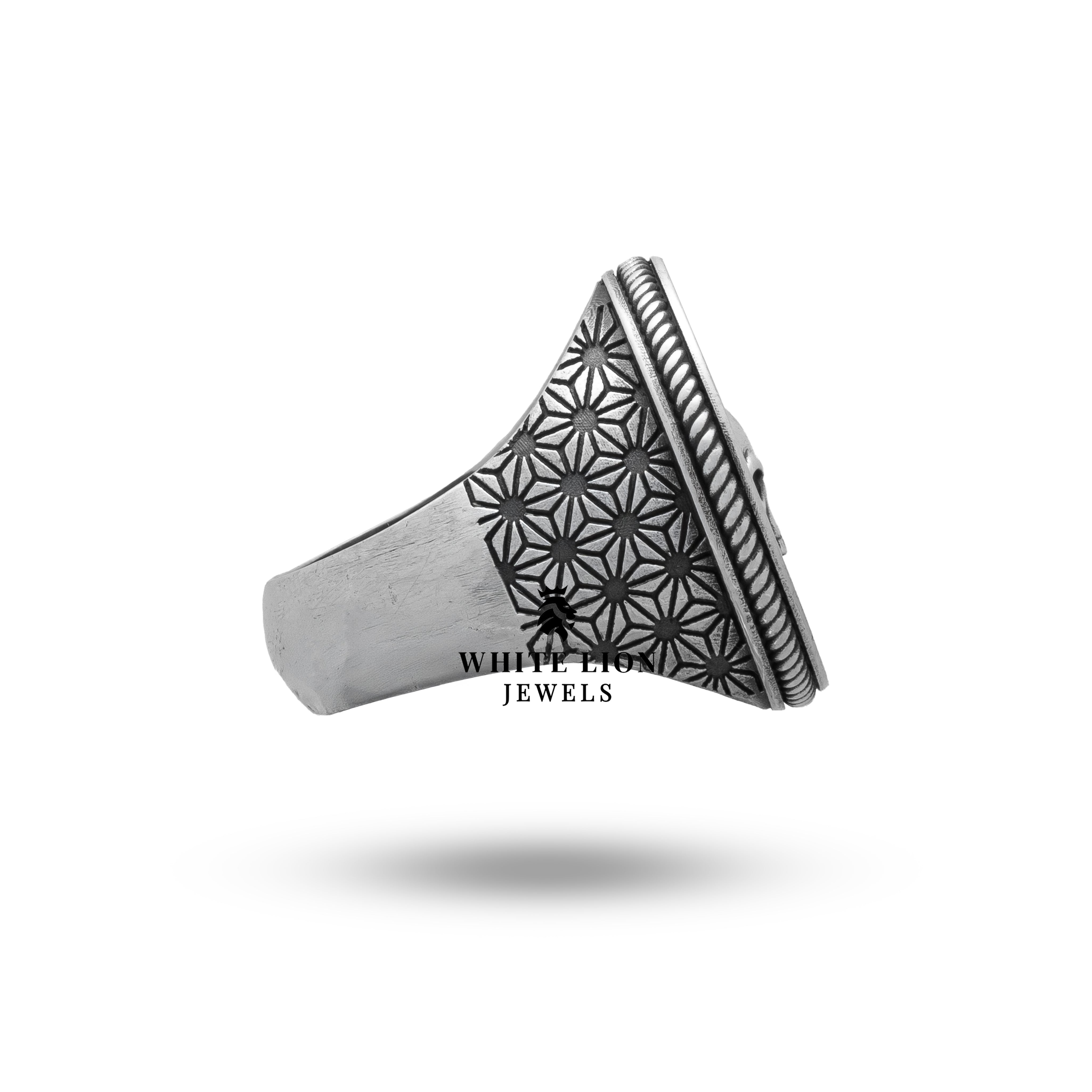 Artisan Sterling Silver Ring featuring Vegvisir and Skull, Oxidized Finish.