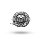 Side angle of Gothic Skull Silver Ring with detailed Zodiac Gemini engraving.