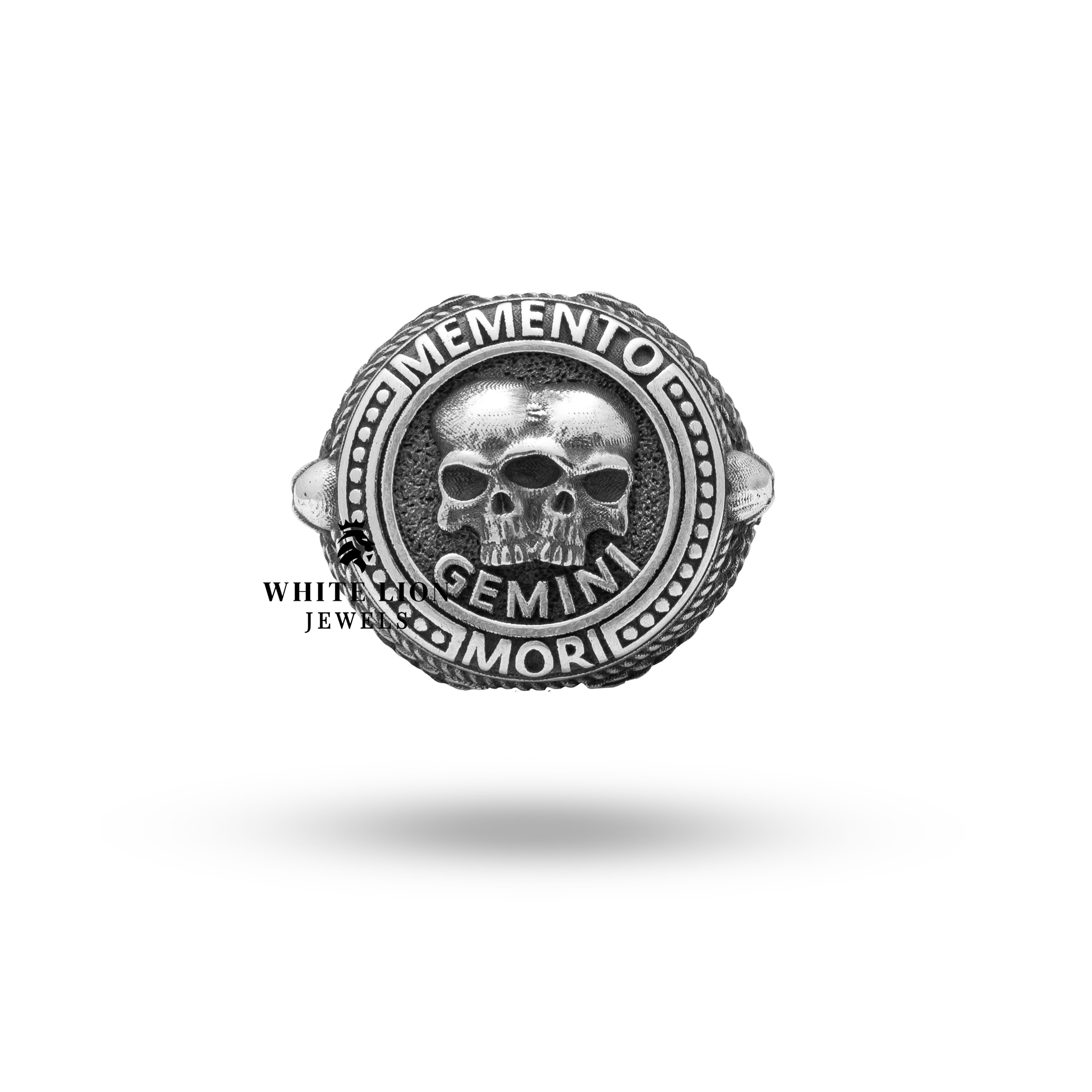 Side angle of Gothic Skull Silver Ring with detailed Zodiac Gemini engraving.
