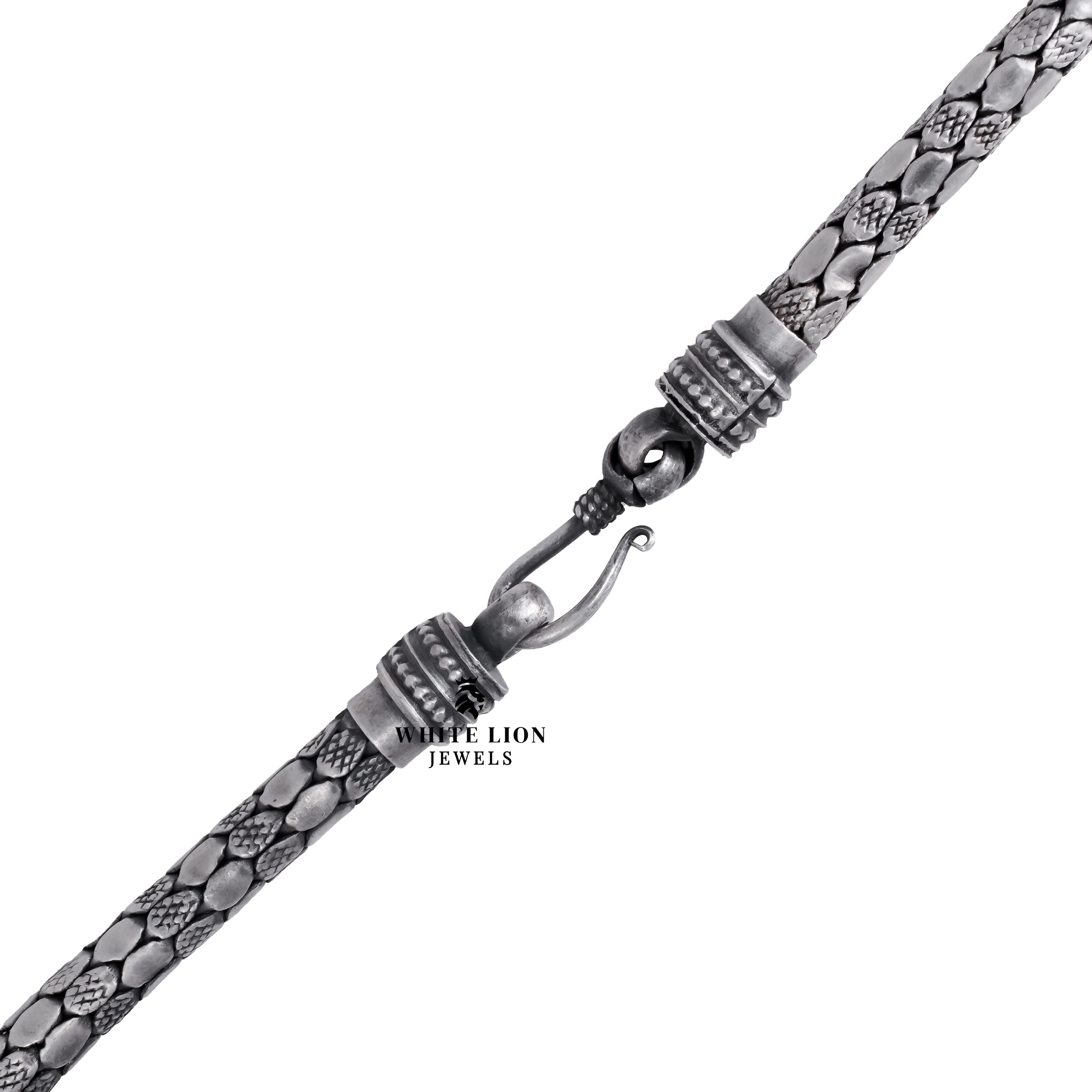 Stylish presentation of Snake Skin Pop Handmade Chain worn on a casual outfit